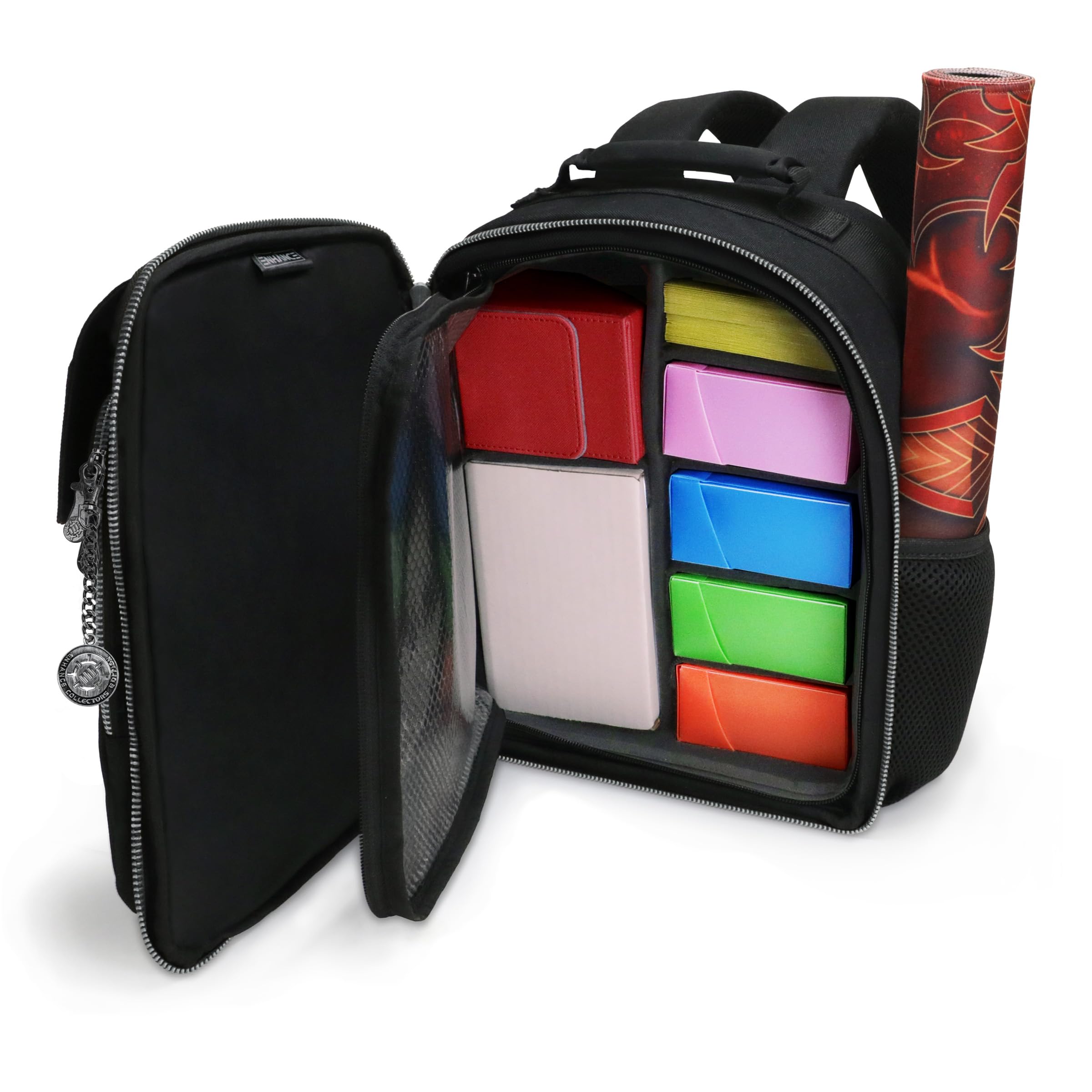 ENHANCE Collector's Edition Small Card Backpack - Card Defender Screen, Storage for Dice Bag, Deck Boxes - TCG Backpack with Playmat Holder, Compatible with Magic the Gathering & more (Dragon Black)
