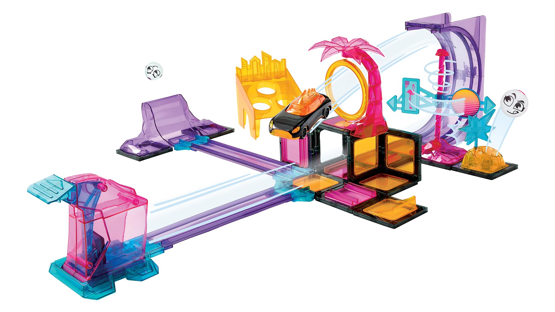 Neo City Knockdown Magnetic Building Set, 45-Piece Magnetic Building Toy, Car Racing Track with Launchers, Floating Hoops and Targets, Construction Toy for Kids