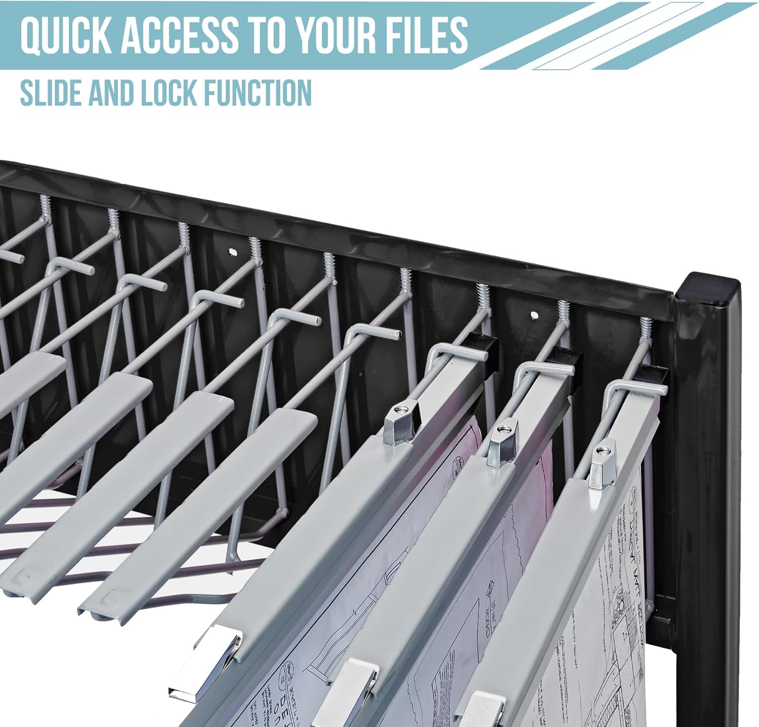 AdirOffice Black Steel Vertical File Blueprint Rolling Stand with 30 inch Hanging Clamps