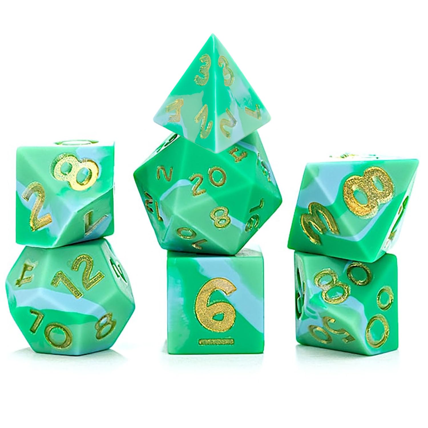 Gate Keeper Games & Dice: Anti-Stress Dice - Indominable - 7pc RPG Set, Military-Locust-Terrain Green Swirled Silicone, Role Playing Games Accessory