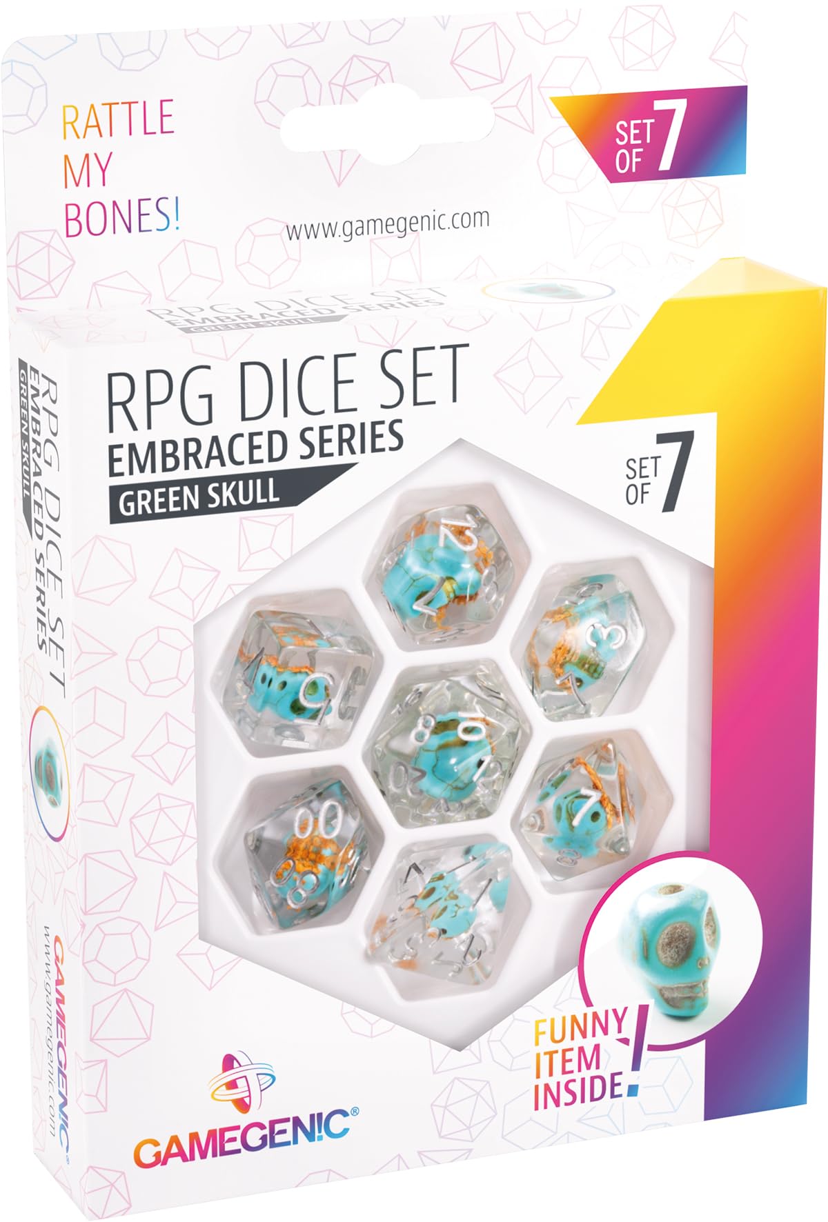 Gamegenic Embraced Series RPG Dice Set | Set of 7 Dice in a Variety of Sizes Designed for Roleplaying Games | Premium Quality Resin Dice with Unique Thematic Green Skull Design | Made by Gamegenic