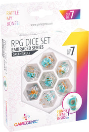 Gamegenic Embraced Series RPG Dice Set | Set of 7 Dice in a Variety of Sizes Designed for Roleplaying Games | Premium Quality Resin Dice with Unique Thematic Green Skull Design | Made by Gamegenic