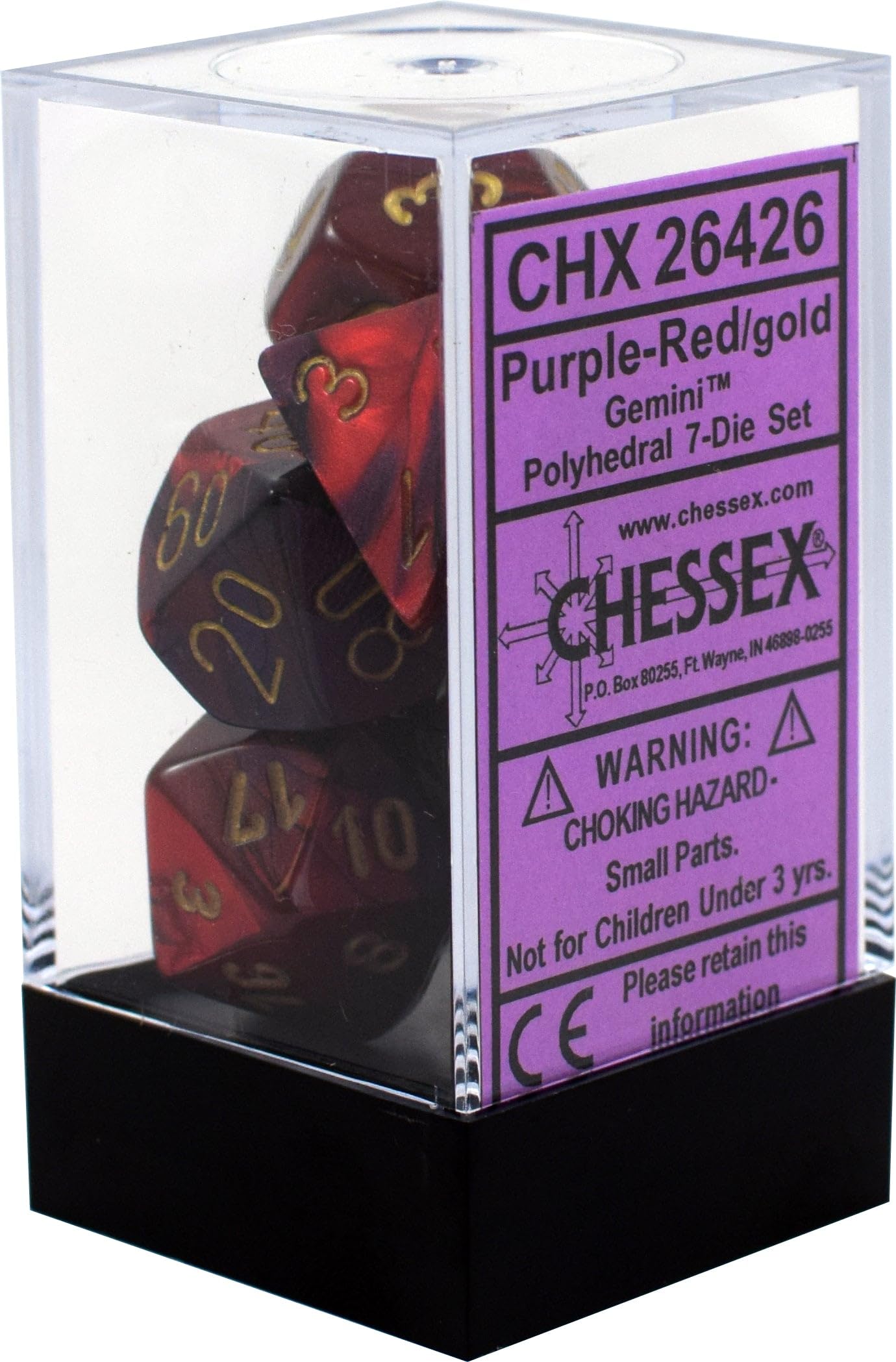 DND Dice Set-Chessex D&D Dice-16mm Gemini, Purple, Red, and Gold Plastic Polyhedral Dice Set- for Dungeons and Dragons Dice Includes 7 Dice - D4 D6 D8 D10 D12 D20 D%, Various, One Size (CHX26426)