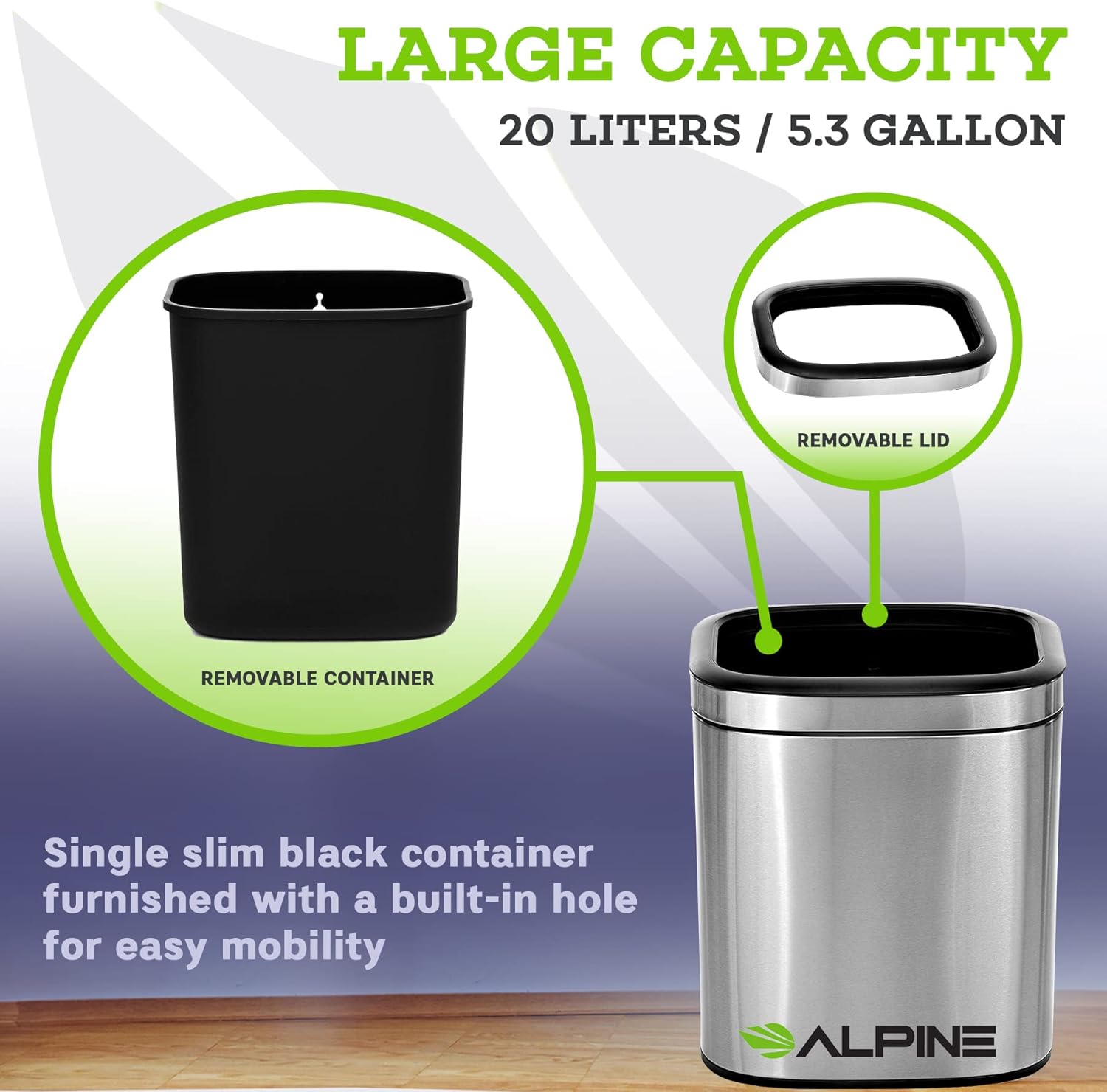 Alpine Industries 20 L / 5.3 Gal Gal Stainless Steel Slim Open Trash Can, Brushed Stainless Steel