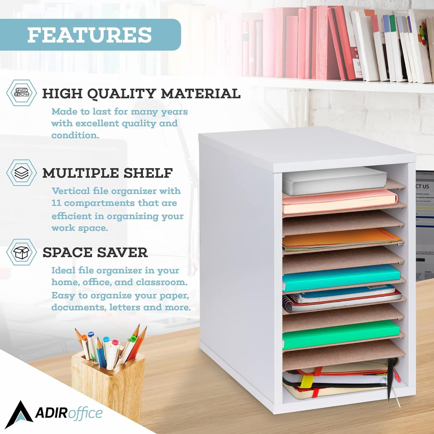 Wood 11 Compartment Vertical Paper Sorter Literature File Organizer, White 2 Pack