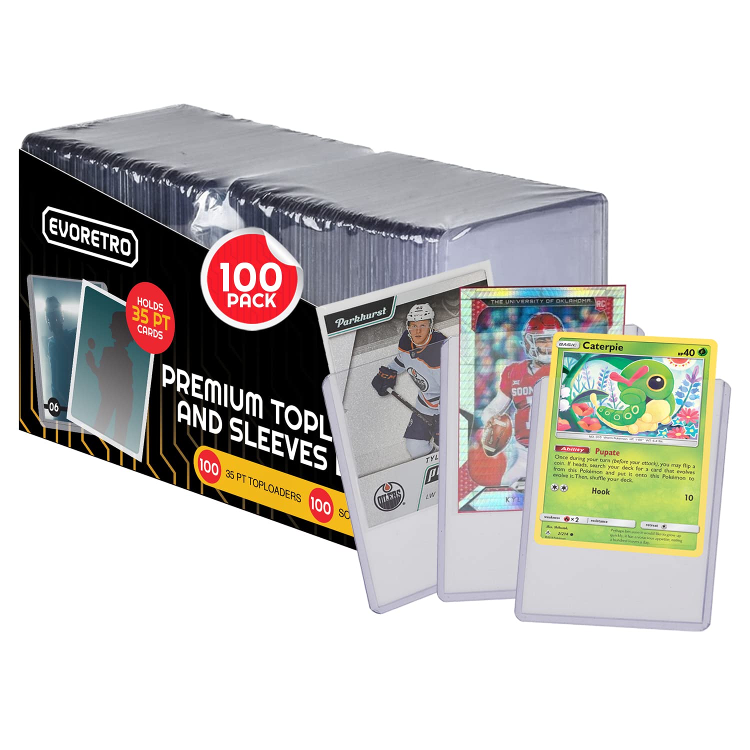 EVORETRO Top Loaders for Cards - 35pt Rigid Card Holder, 100-Pack with Penny Sleeves for Trading Cards, Sports, Baseball, Pokemon, MTG Cards, Fits Top Loader Binder