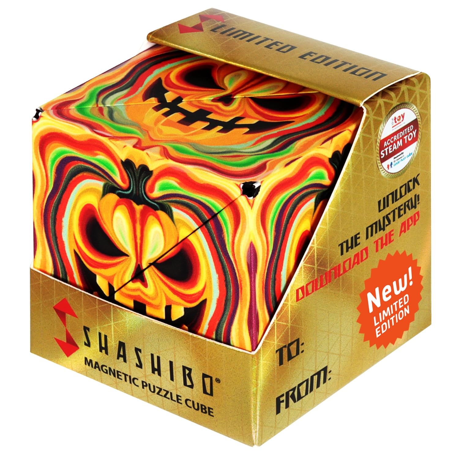 Shashibo Seasonal Halloween - Shape Shifting Box - Award-Winning, Patented Magnetic Puzzle Cube w/ 36 Rare Earth Magnets - Fidget Transforms Into Over 100+ Shapes (Ghastly Jack)