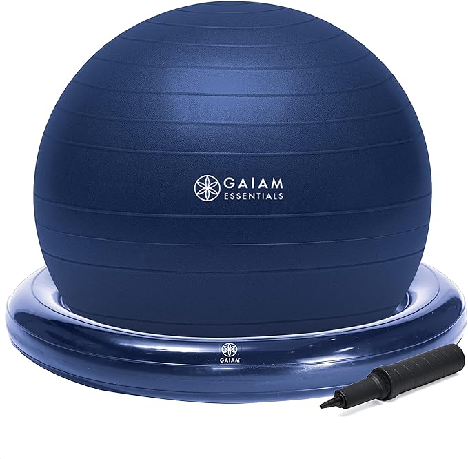 Gaiam Essentials Balance Ball & Base Kit, 65cm Yoga Ball Chair, Exercise Ball with Inflatable Ring Base Navy