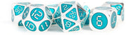 FanRoll 16mm Metal Polyhedral DND Dice Set: Silver w/Teal Enamel, Role Playing Game Dice for Dungeons and Dragons