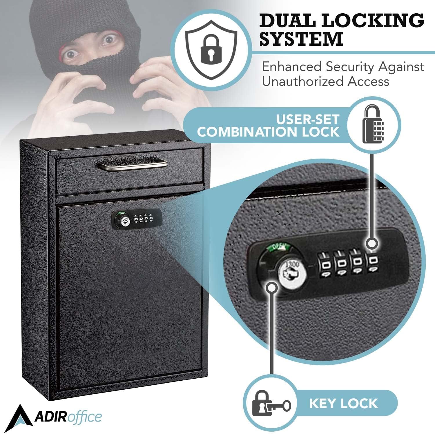 Black Large Drop Box Wall Mounted Locking Mail Box with Key and Combination lock with Suggestion Cards
