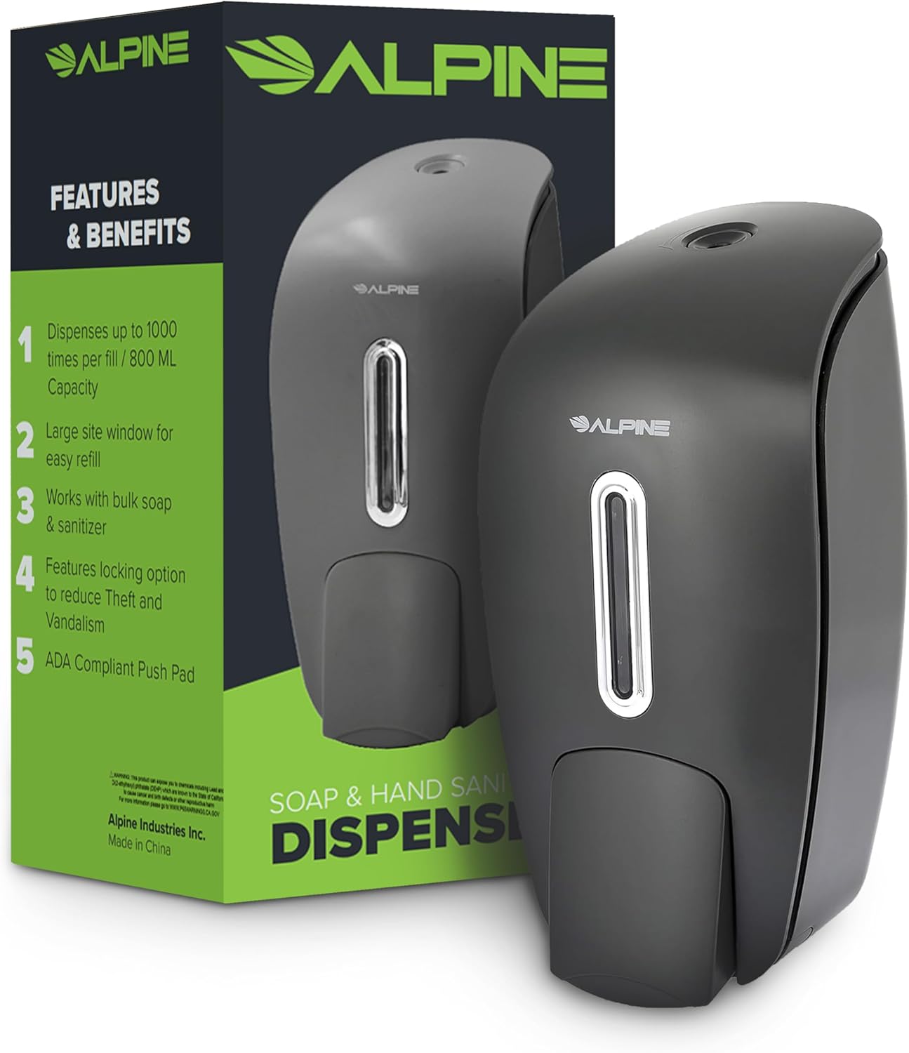 Alpine Industries 425-GRY Soap & Hand Sanitizer Dispenser, Surface Mounted, 800 ml Capacity, Gray