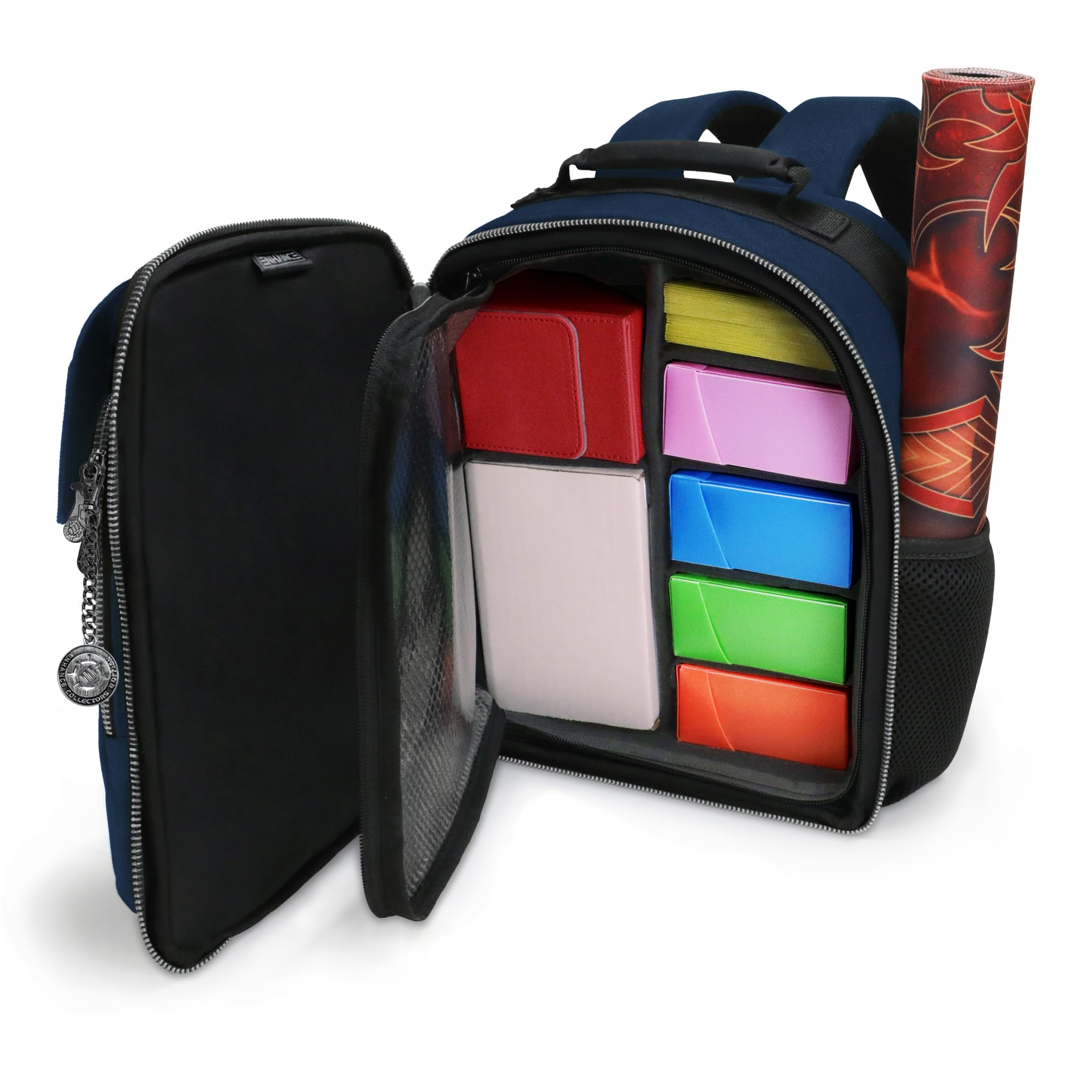 ENHANCE Collector's Edition Small Card Backpack - Card Defender Screen, Storage for Dice Bag, Deck Boxes - TCG Backpack with Playmat Holder, Compatible with Magic the Gathering & more (Dragon Blue)
