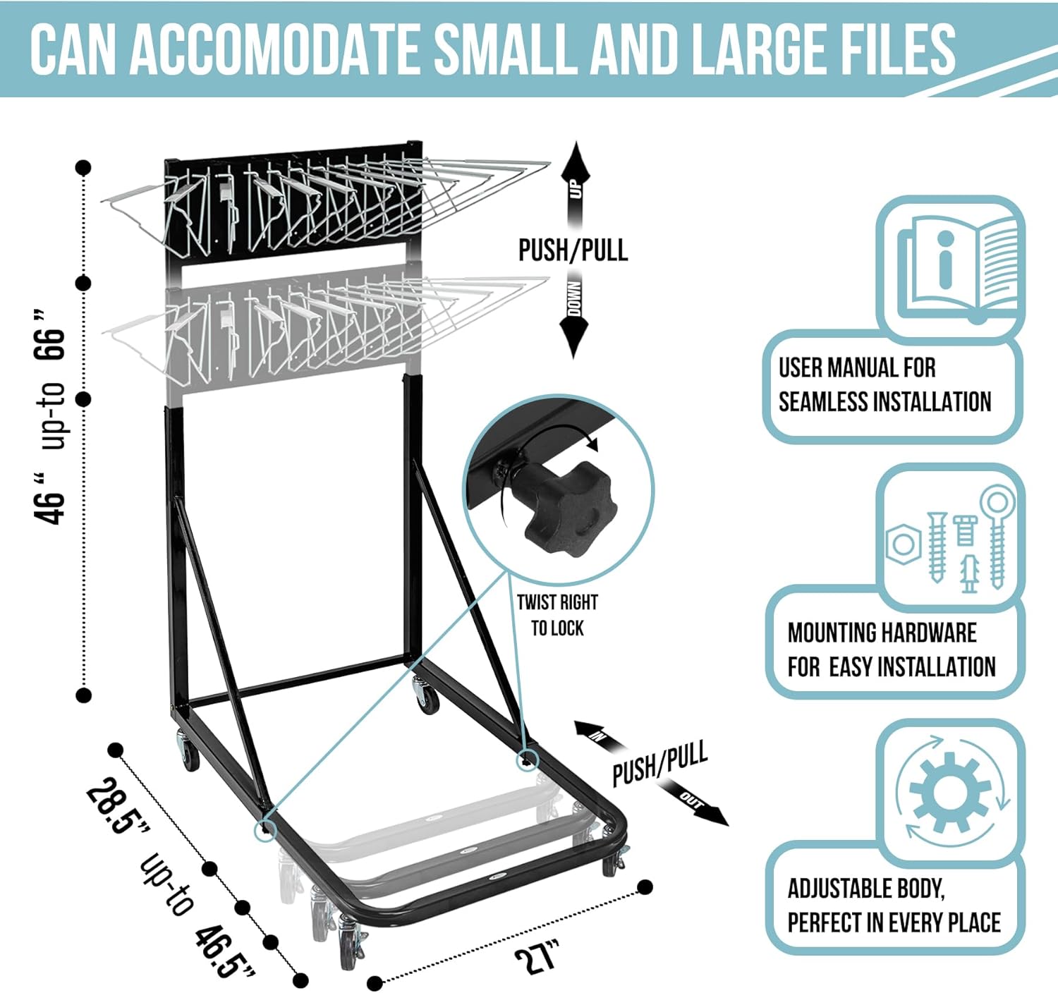 AdirOffice Black Steel Vertical File Blueprint Rolling Stand with 30 inch Hanging Clamps