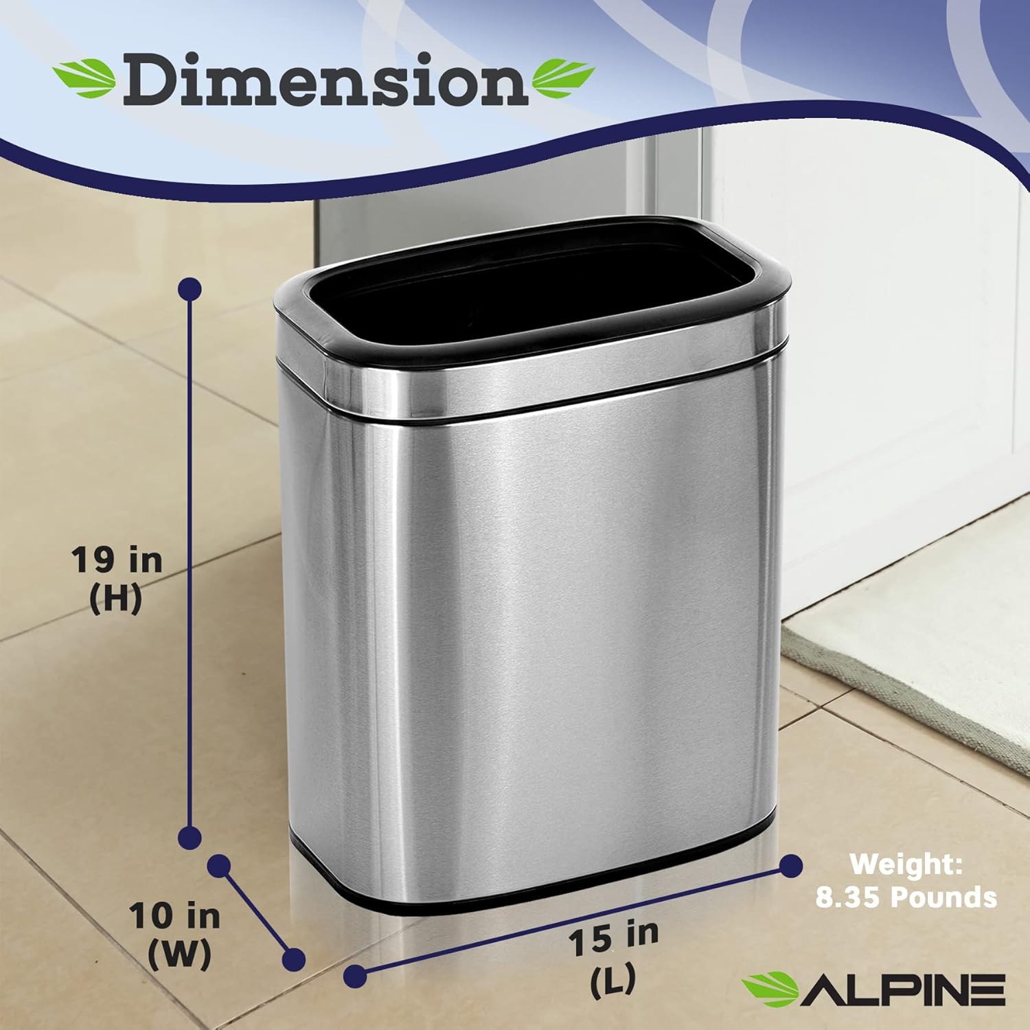 Alpine Industries 20 L / 5.3 Gal Gal Stainless Steel Slim Open Trash Can, Brushed Stainless Steel