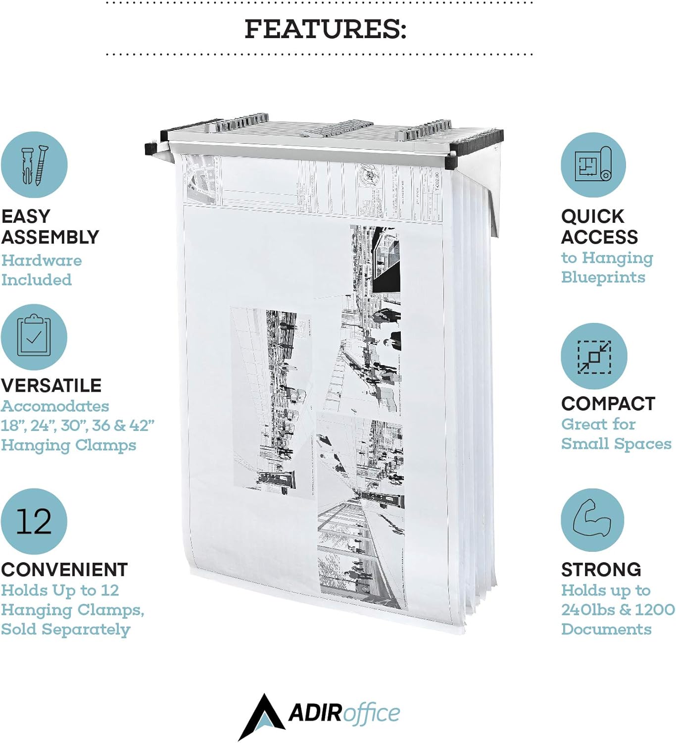 Drop/Lift Wall Rack for Blueprints, White