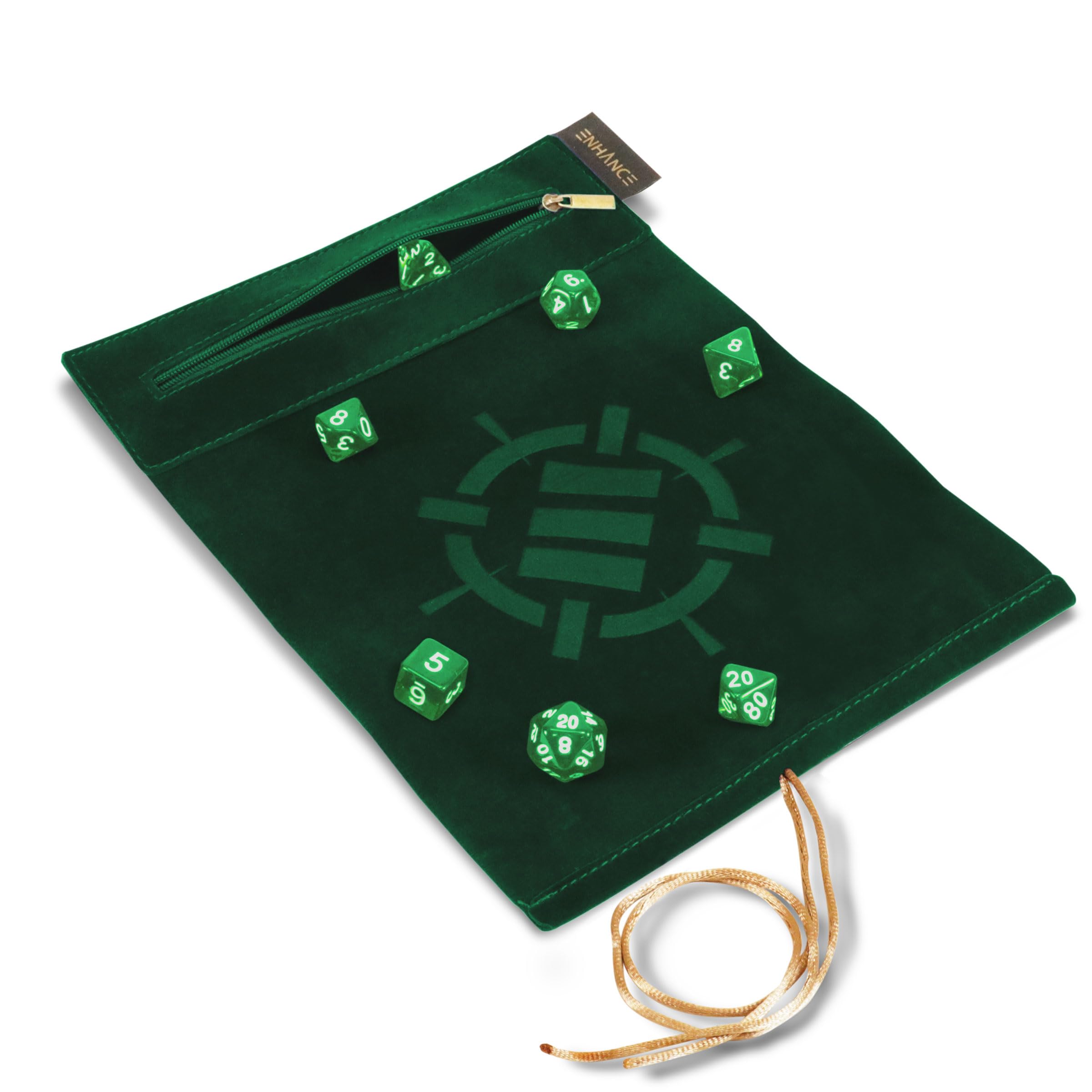 ENHANCE Roll on a Scroll Dice Rolling Mat & 7pc Acrylic Dice Set - Velvet Dice Case with Color-Coordinated 7pc Acrylic Dice, Dice Holder and Tray Compatible with DnD and Other Tabletop Games - Green