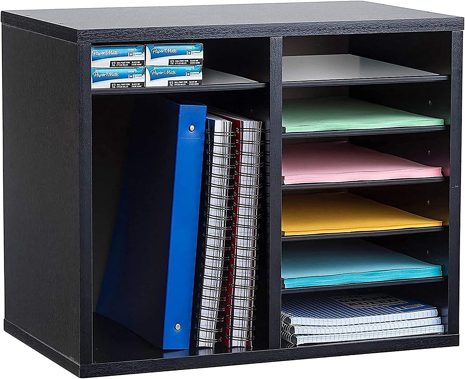 12-Compartment Wood Adjustable Paper Sorter Literature File Organizer, Black