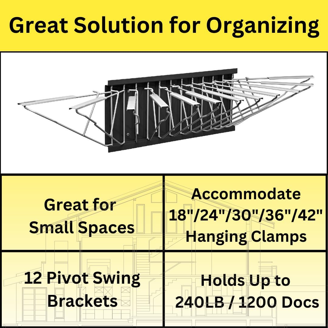 AdirOffice Black Steel Blueprint Large File Pivot Wall Rack with 30 inch Hanging Clamps