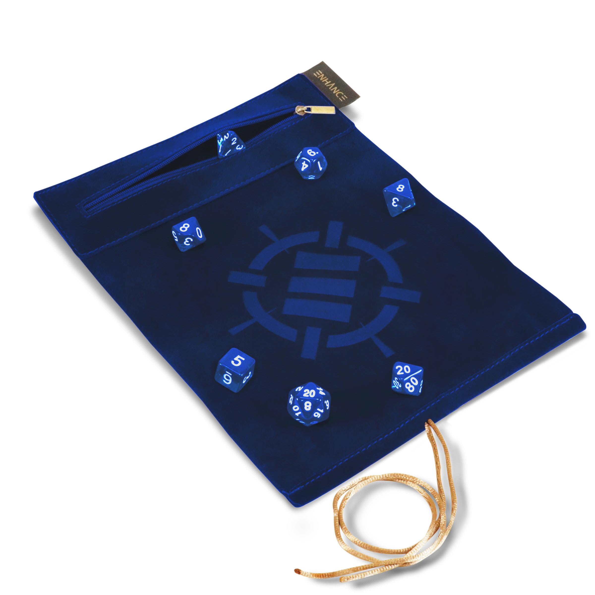 ENHANCE Roll on a Scroll Dice Rolling Mat & 7pc Acrylic Dice Set - Velvet Dice Case with Color-Coordinated 7pc Acrylic Dice, Dice Holder and Tray Compatible with DND and Other Tabletop Games - Blue