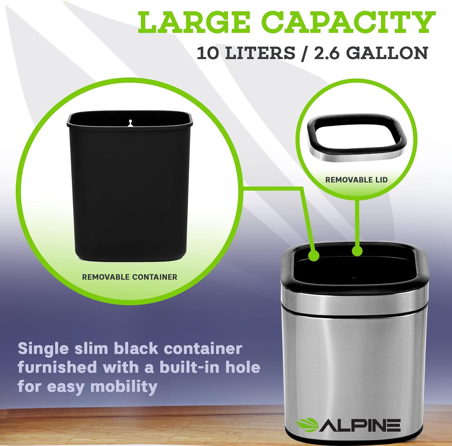 Alpine Industries 10 L / 2.6 Gal Stainless Steel Slim Open Trash Can, Brushed Stainless Steel