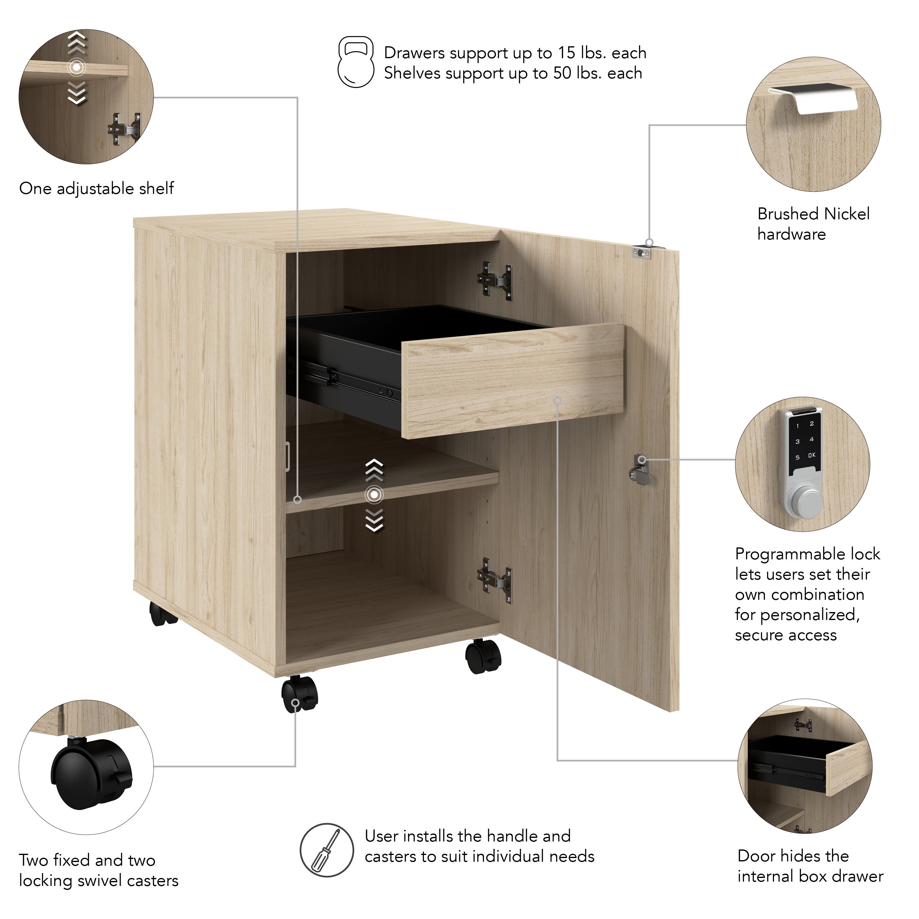 Bush Business Furniture Assure Mobile File Cabinet with Drawer, Door, and Keypad Lock in Natural Elm - 15.65" Width x 20.24" Depth x 25.91" Height