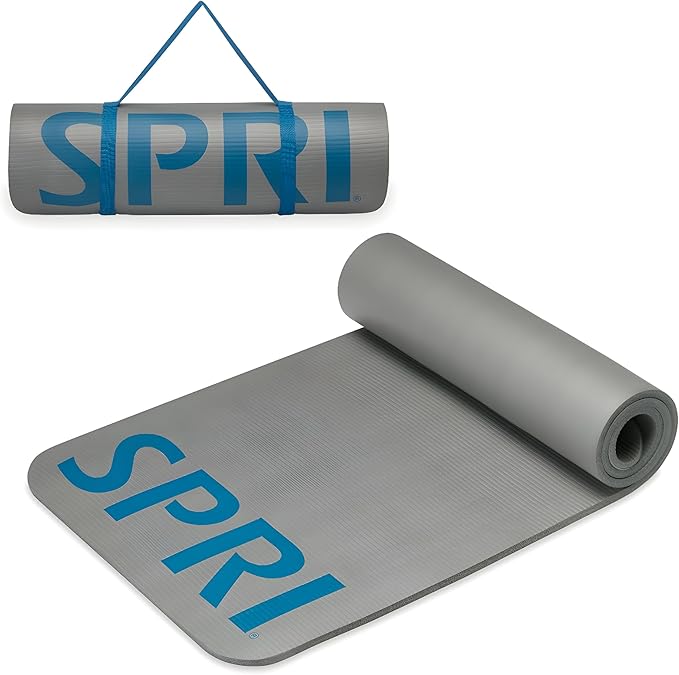 SPRI 12mm Pro Fitness Matt (Grey)- Thick Exercise Mat for Floor Workouts, Sit-Ups, Push-Ups, Stretching, Toning, and General Fitness - Non-Slip Texture, Cushioned, Portable Rolling Mat with Carrying Strap