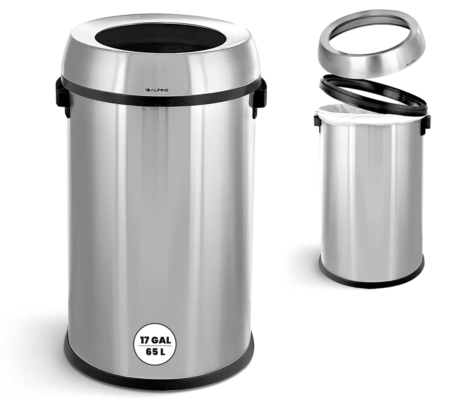 Alpine Industries 17 Gal. Stainless Steel Heavy-Gauge Brushed Open Top Commercial Trash Can 2 pack