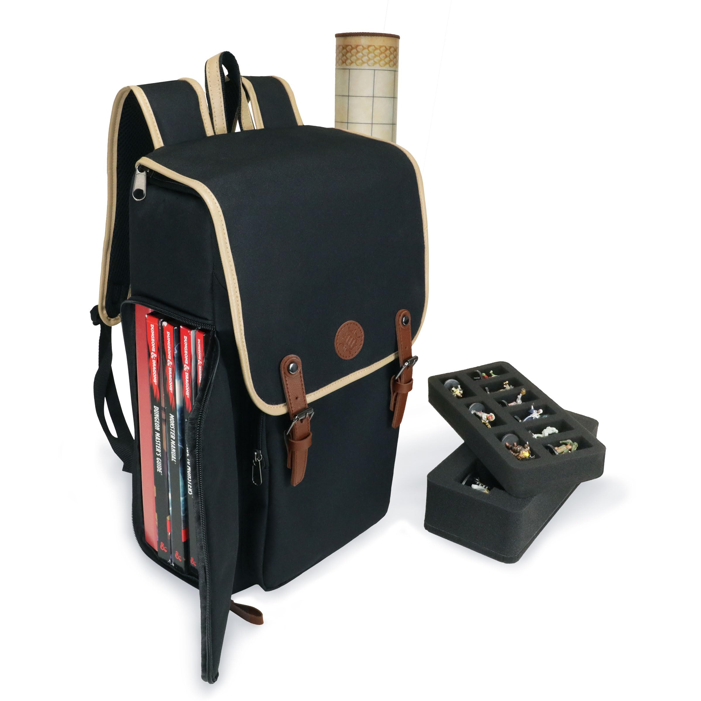 ENHANCE Designer Edition DnD Backpack - Stylish RPG Backpack for Dungeons and Dragons - Travel DnD Bag fits 4 Books and Binder with Miniature Storage, Map Holder, Comfortable Shoulder Straps (Black)