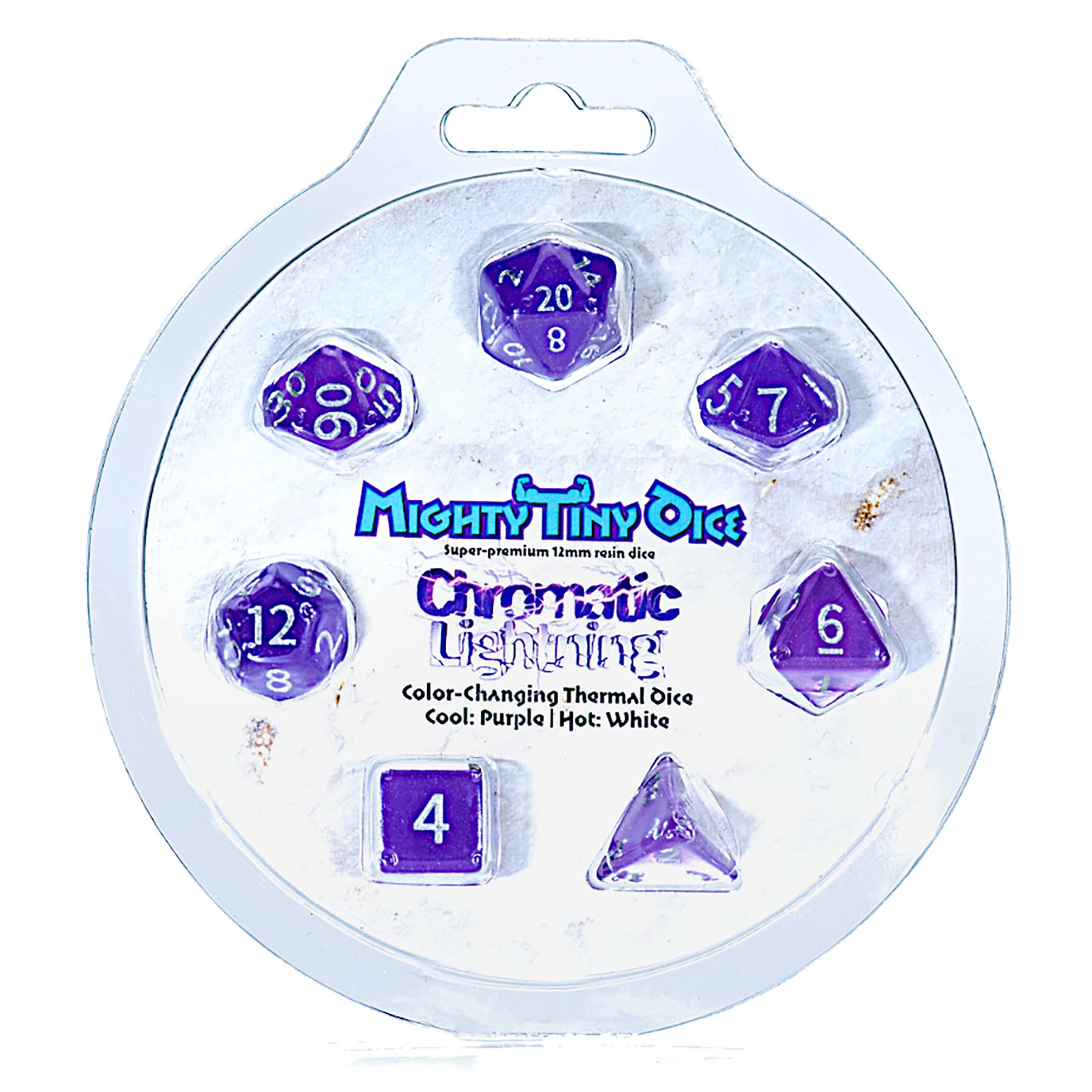 Gate Keeper Games & Dice: Mighty Tiny Dice: Chromatic Lightning - 7 pc - RPG Dice Set Thermal Color Changing, 12mm Resin, Change Color Purple to White