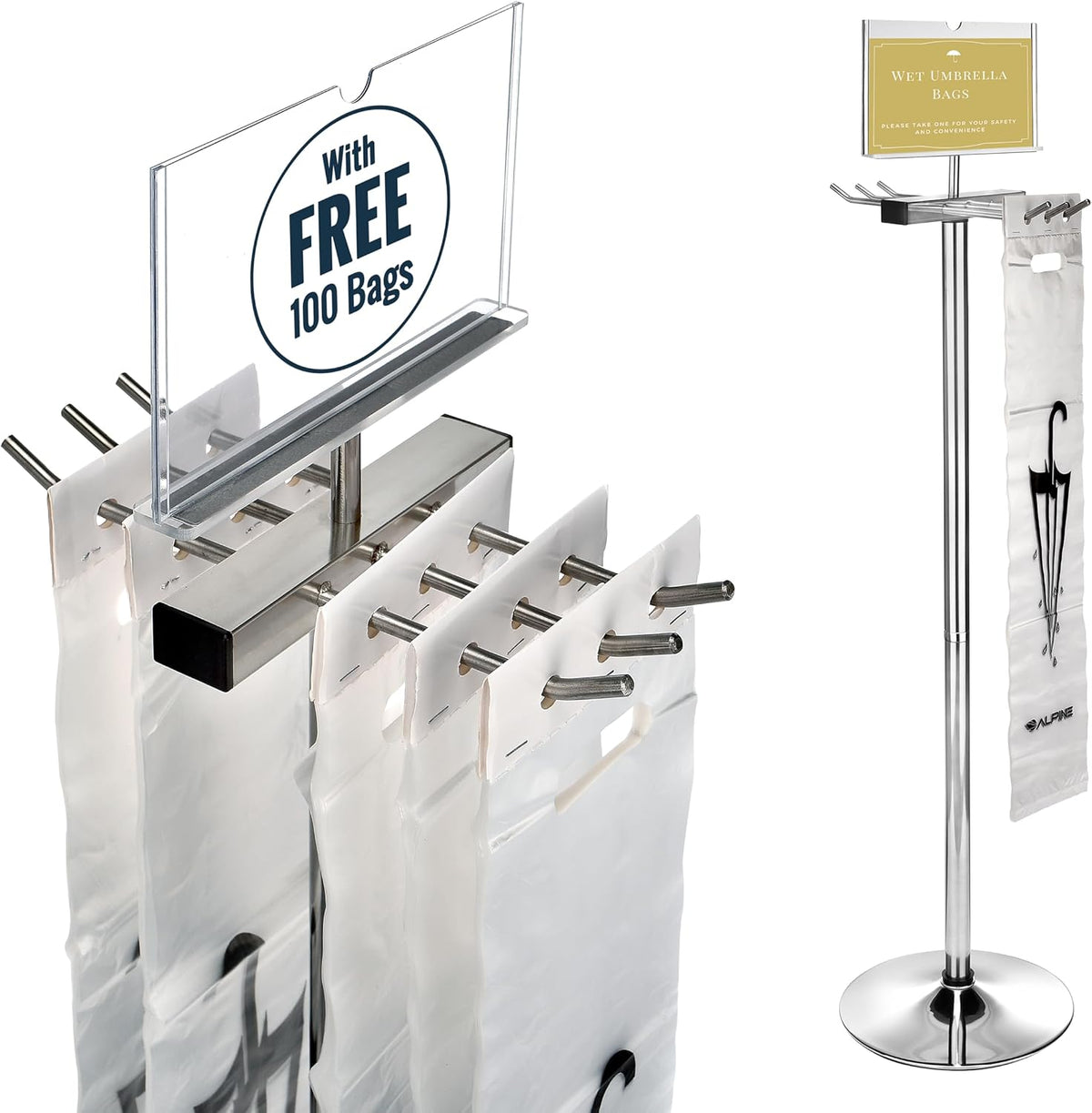 Alpine Industries Wet Umbrella Bag Wrapper Stand with 100 Long Bags
