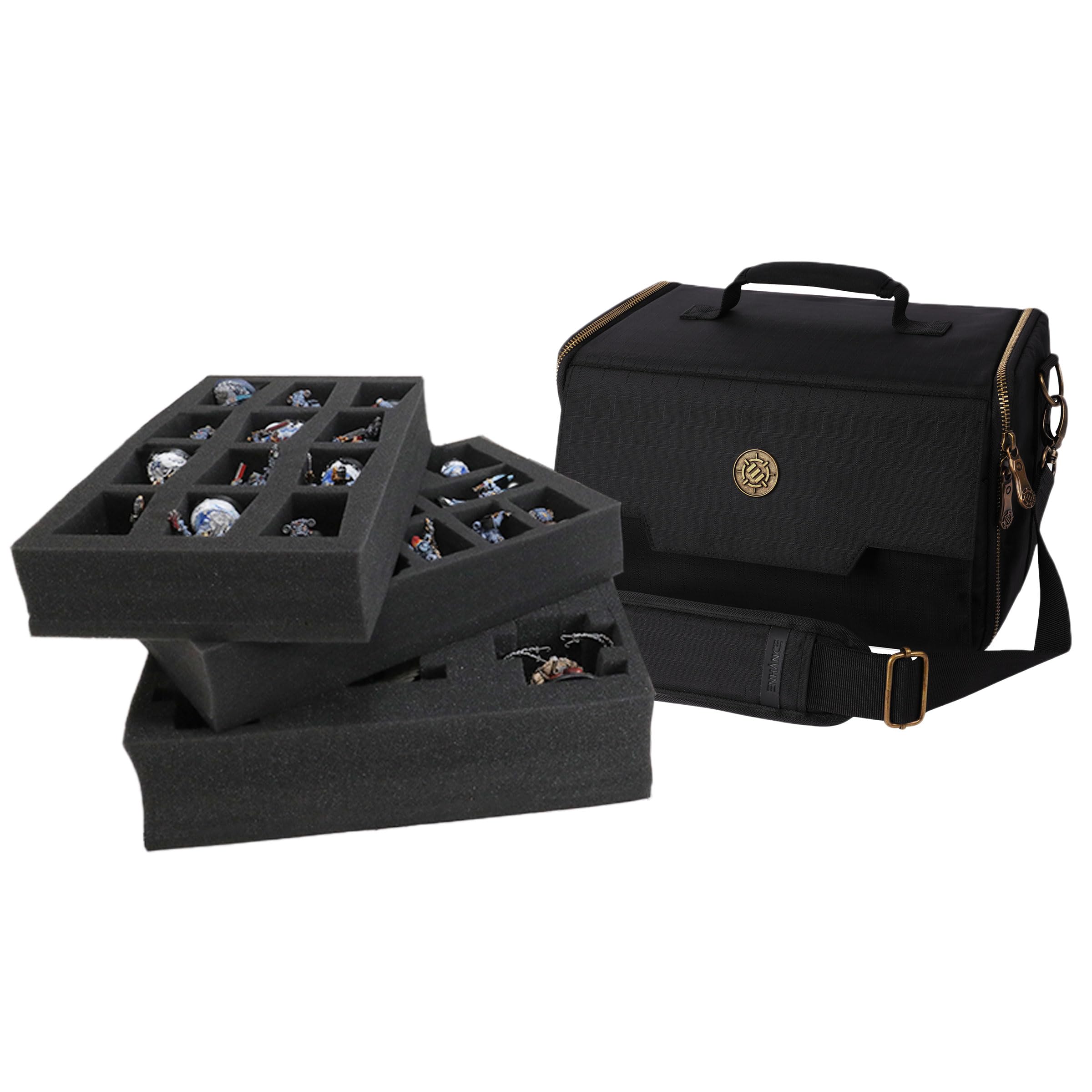 ENHANCE Wide Base Miniature Satchel - Compact Storage & Carrying Case for DnD Miniatures with Strap, 3 Foam Trays (2 Pre-Cut and 1 Pick & Pluck Tray) - Fits Minis 25mm to 40mm (Small - Wide Base)