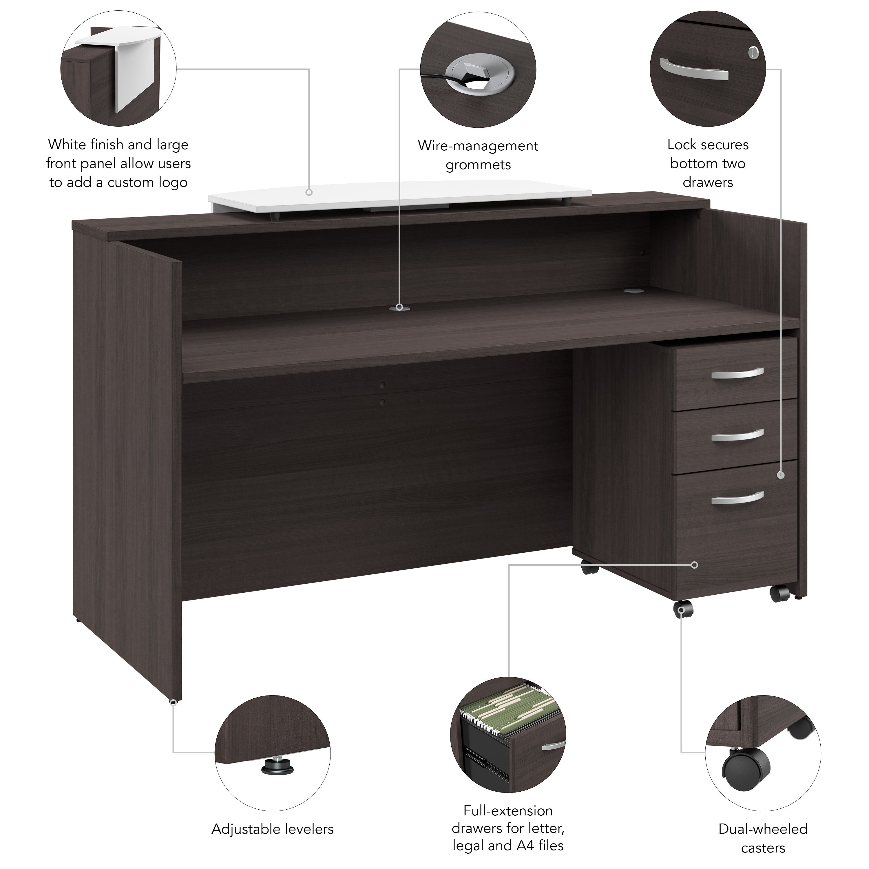 Bush Business Furniture Arrive 72W x 30D Reception Desk with Counter and Mobile File Cabinet in Storm Gray - 71.02" Width x 29.49" Depth x 40.35" Height