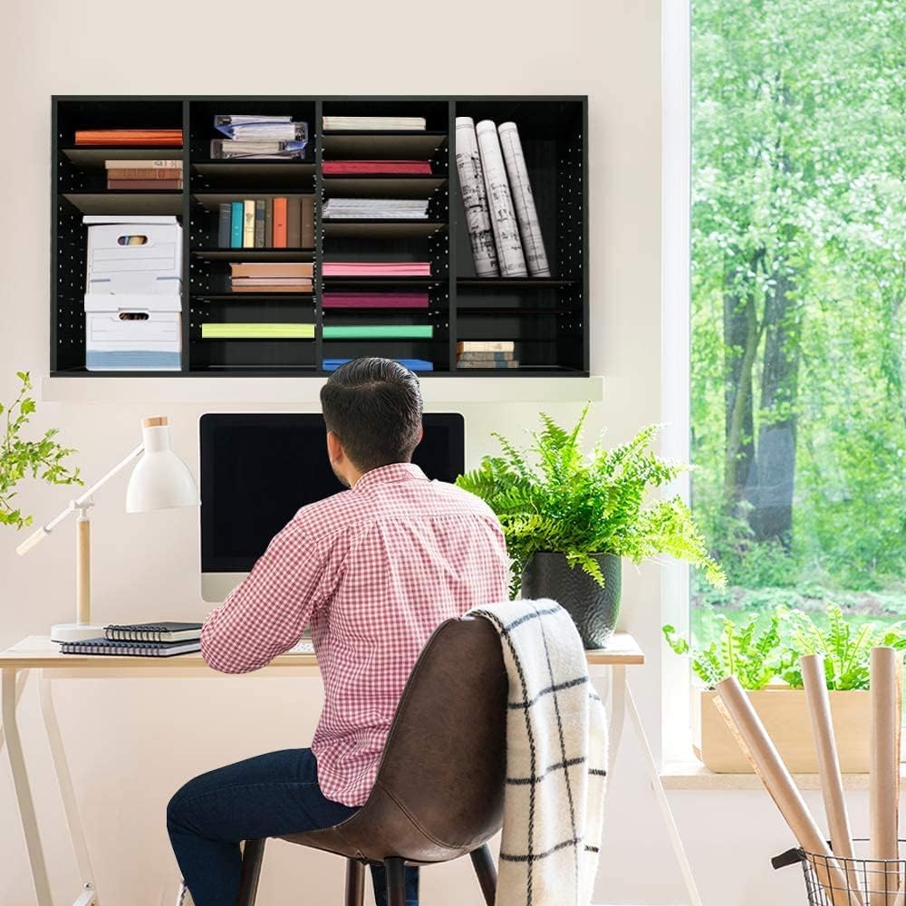 36-Compartment Wood Adjustable Paper Sorter Literature File Organizer, Black