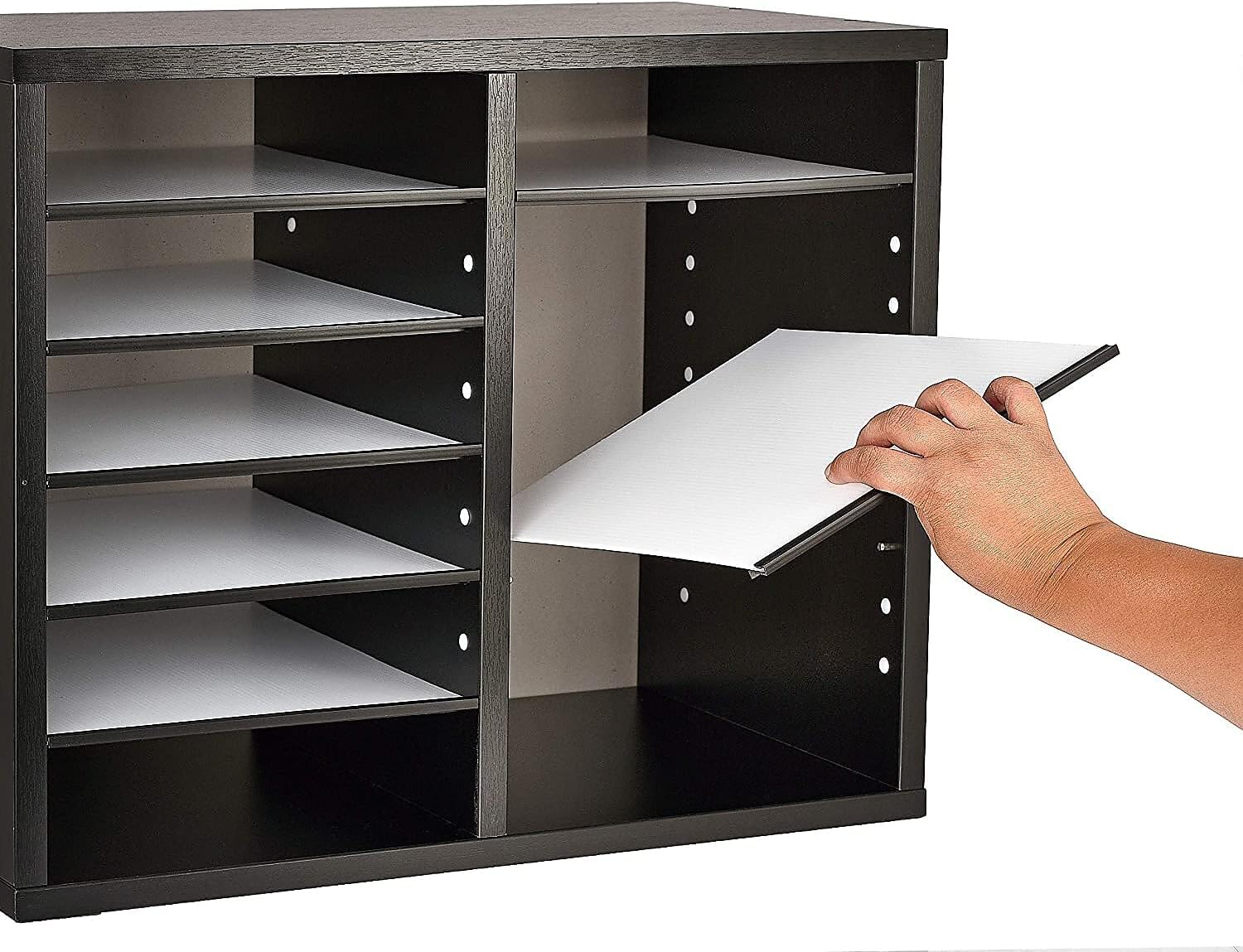 12-Compartment Wood Adjustable Paper Sorter Literature File Organizer, Black
