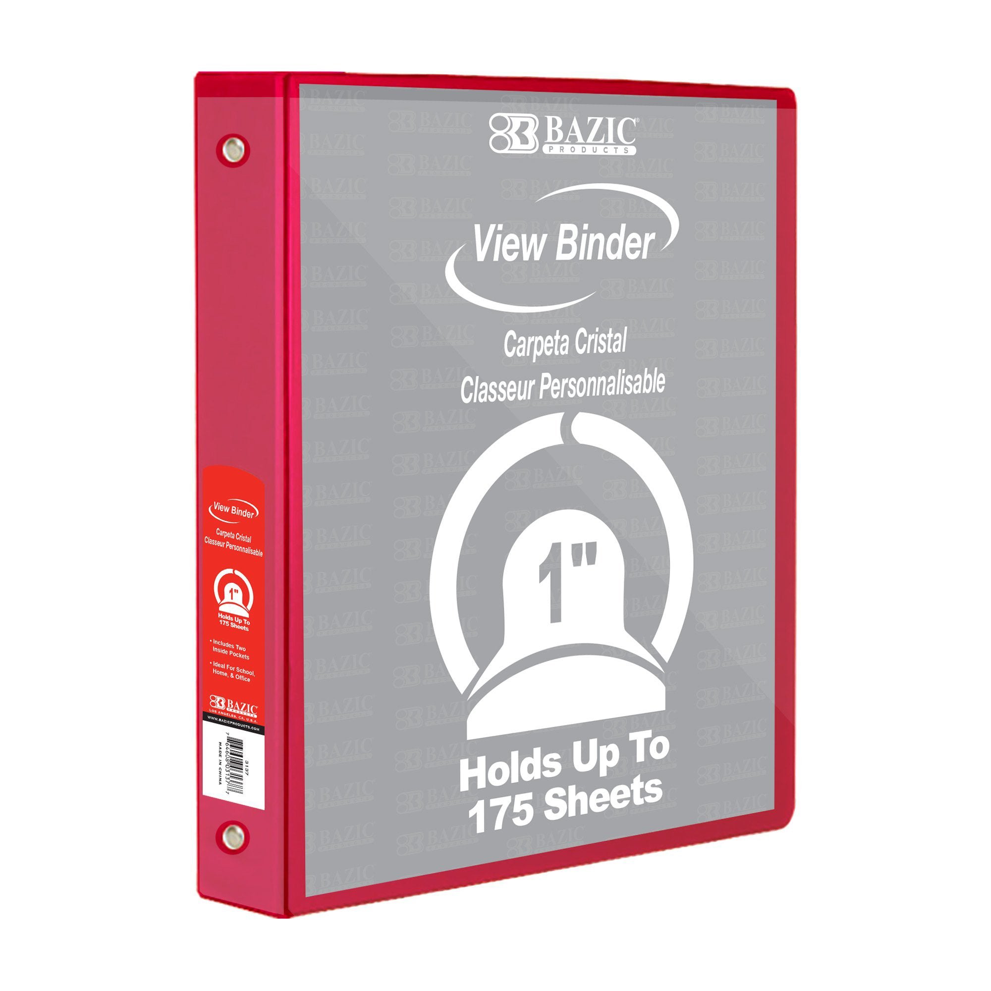 3-Ring View Binder with 2 Pockets, 1", Red