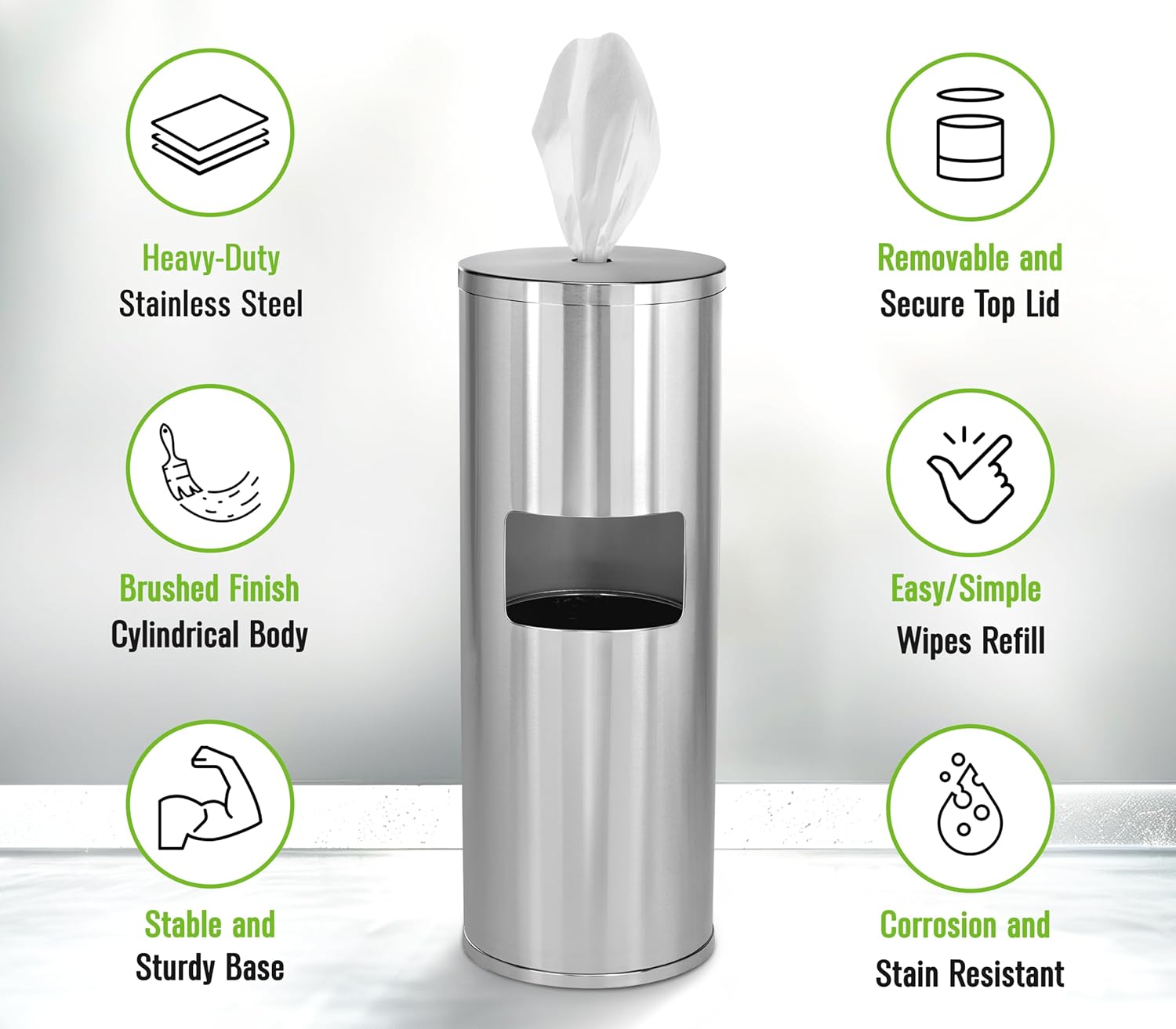 Floor Stand Wipe Dispenser, with High Capacity Built-in Trash Can, Stainless Steel