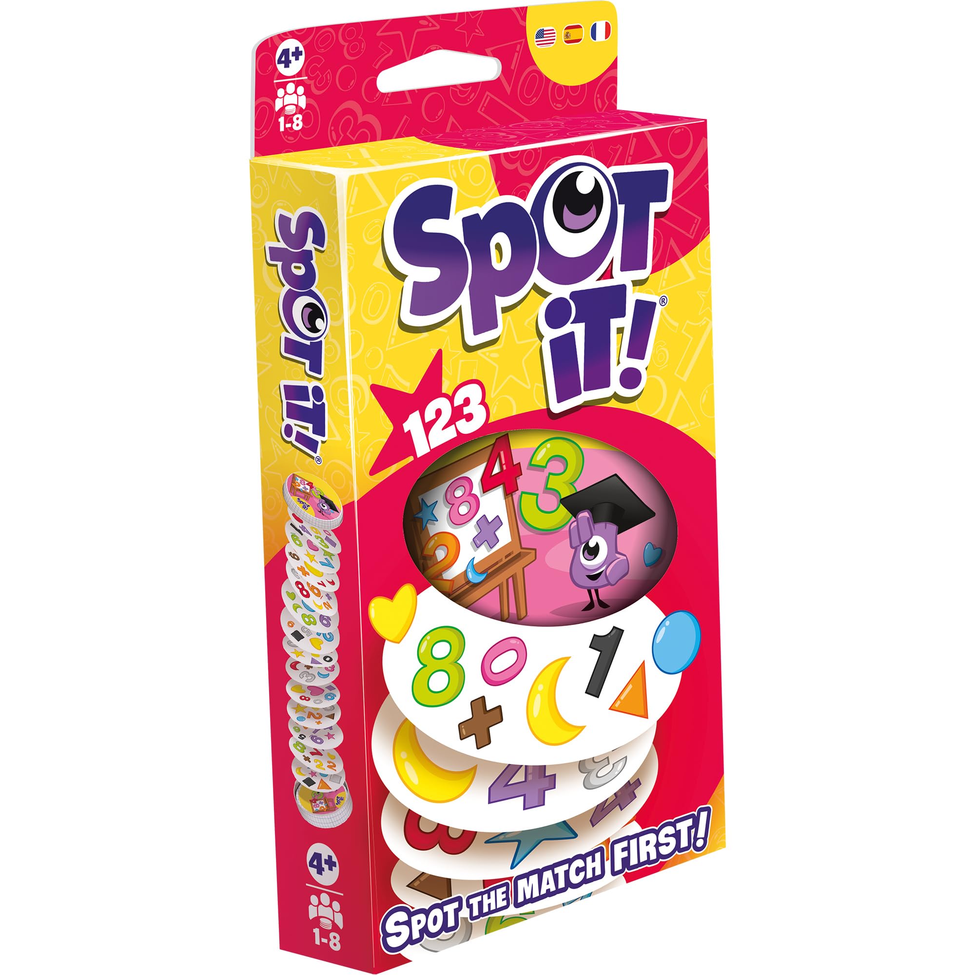 Asmodee Spot It! 1,2,3 (2024 Refresh) - Eco-Blister Edition, 5-in-1 Visual Perception Game for Quick Reflexes and Family Fun, Ages 6+, 2-8 Players, 10 Minute Playtime