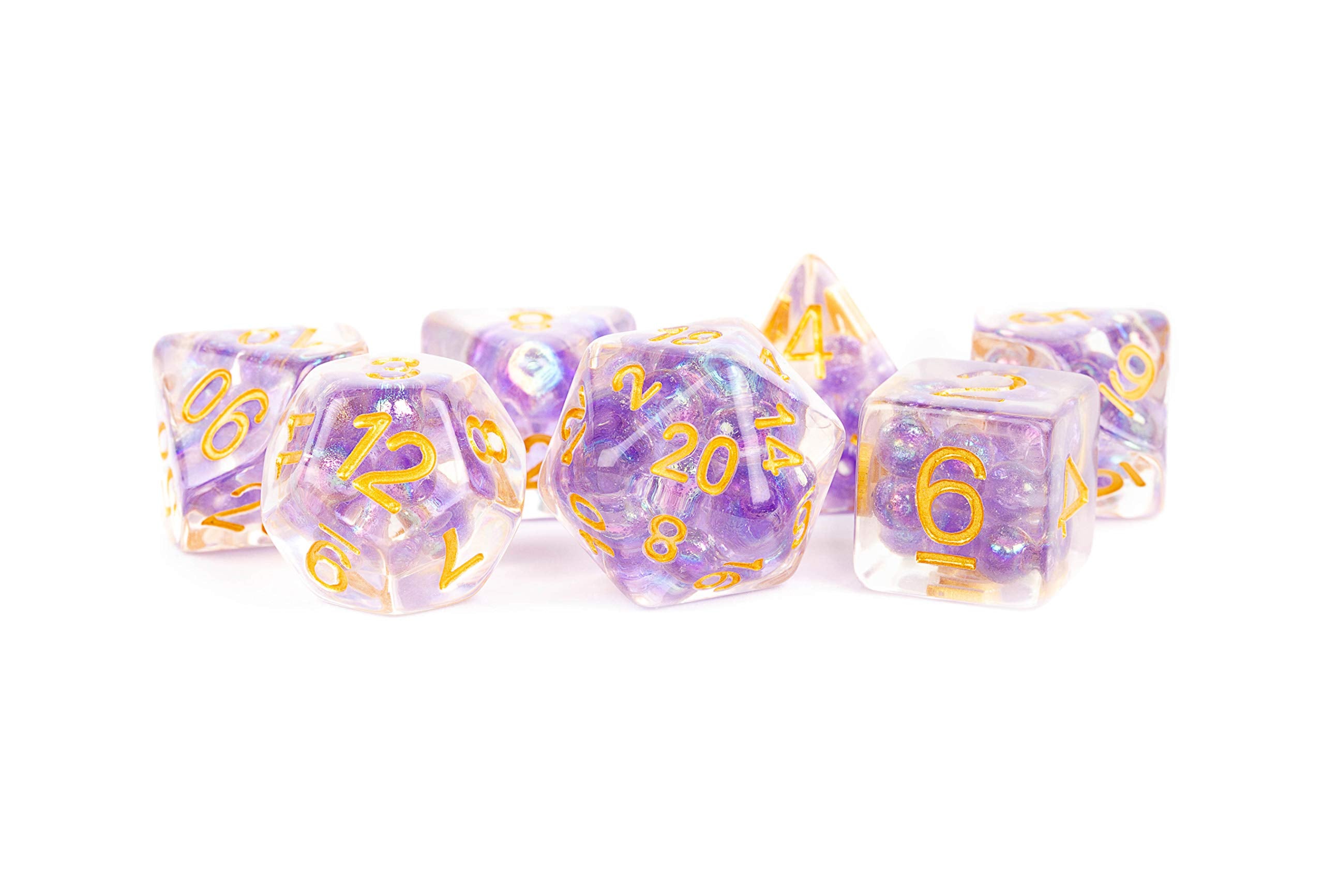Pearl Dice Purple w/ Gold Numbers 16mm Resin Poly Dice Set