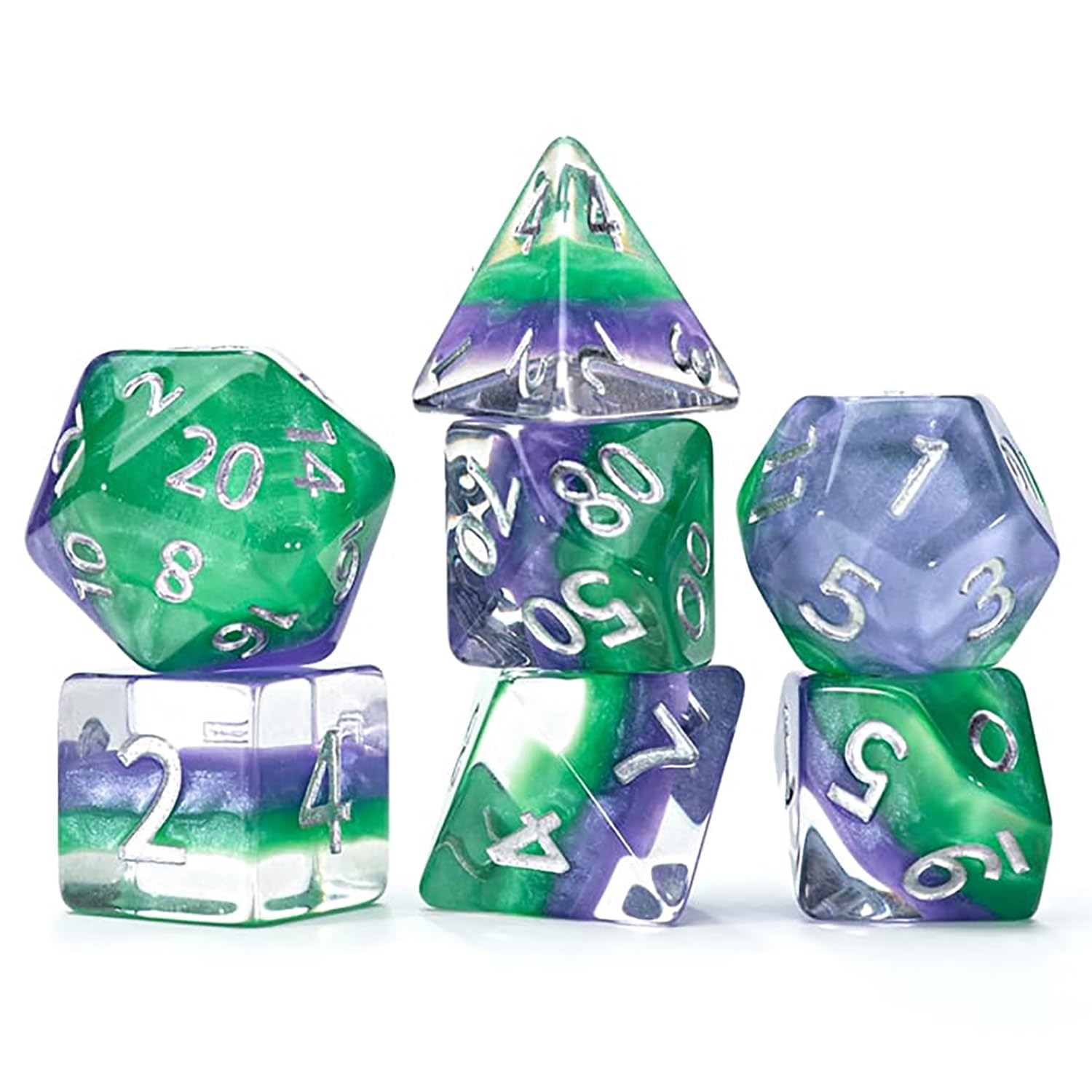 Gate Keeper Games and Dice: Eclipse Dice: Joker - 7pc RPG Set, Purple & Green Swirled in Clear Resin, Batman Villian, Dice for Role Playing Games