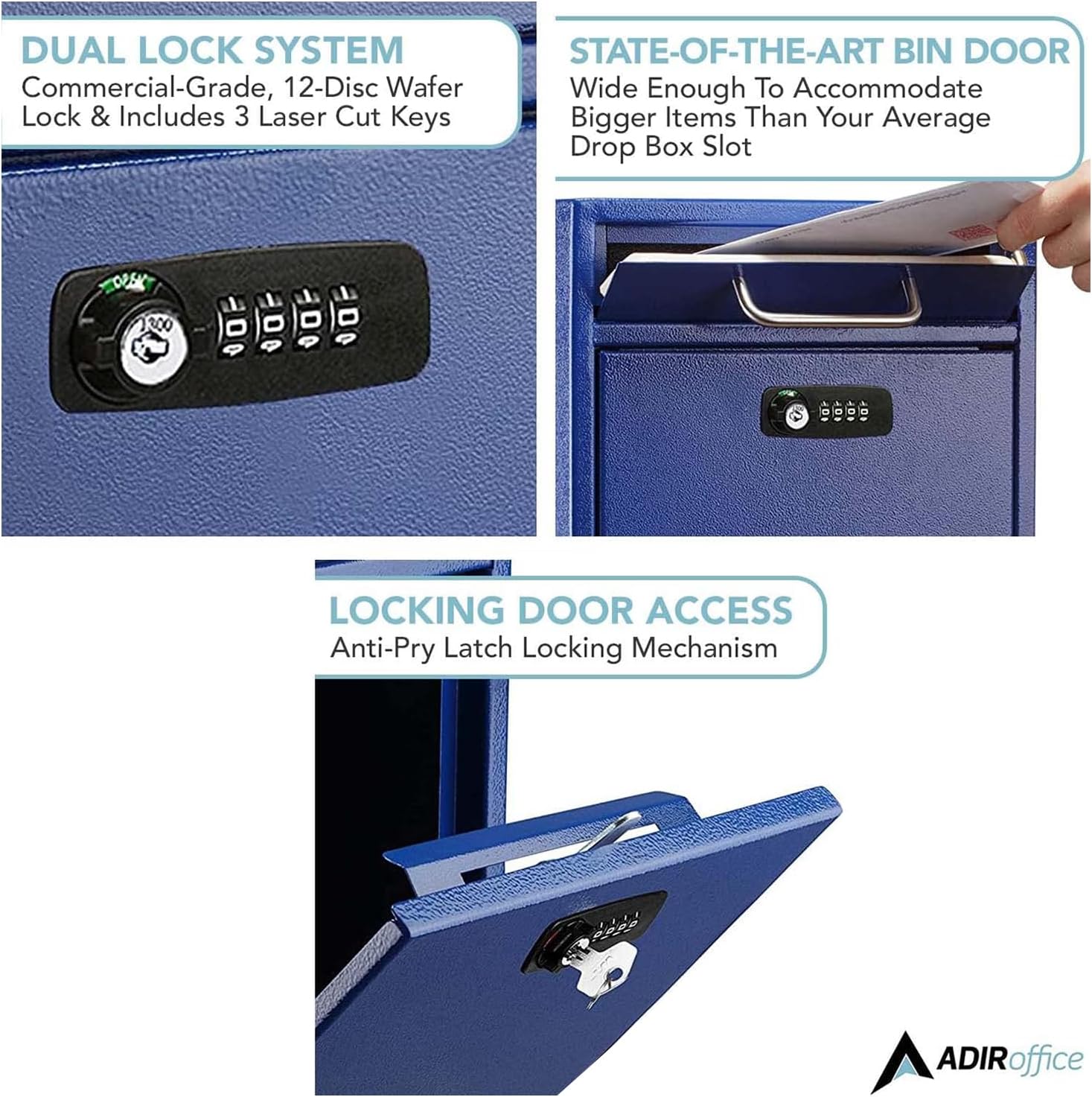Blue Large Drop Box Wall Mounted Locking Mail Box with Key and Combination lock with Suggestion Cards