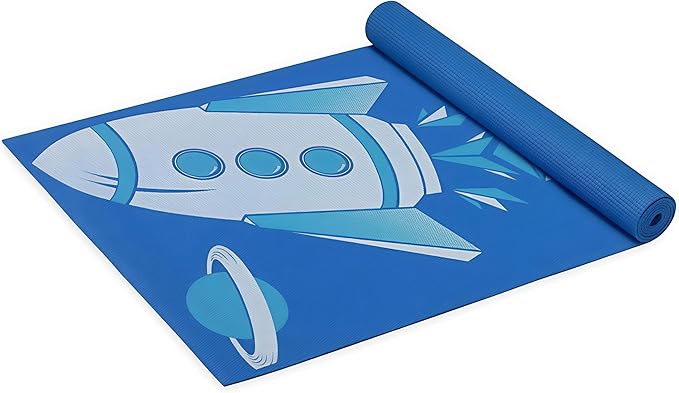 Gaiam Kids Yoga Mat Exercise Mat, Yoga for Kids with Fun Prints - Playtime for Babies, Active & Calm Toddlers and Young Children (60" L x 24" W x 3mm Thick) - Blue Rocket