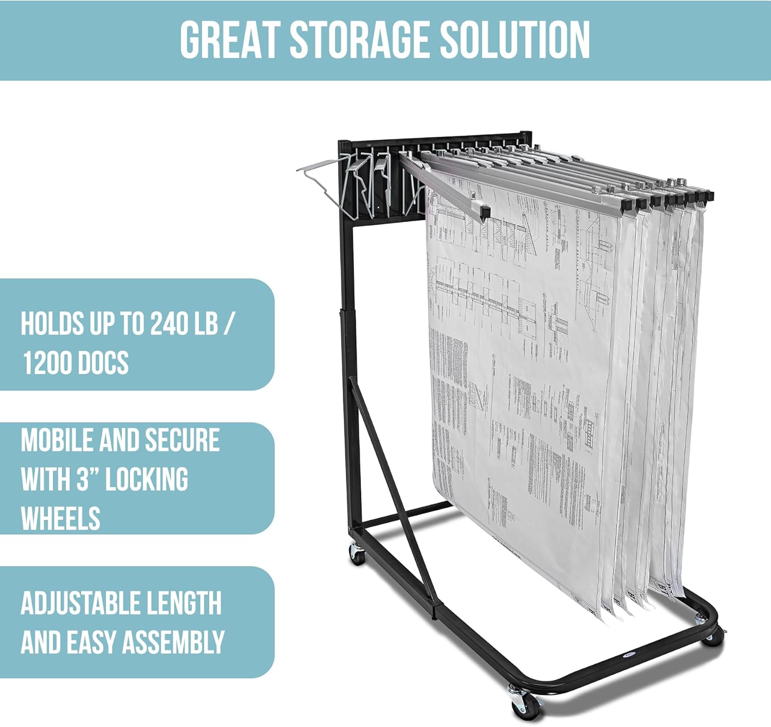 AdirOffice Black Steel Vertical File Blueprint Rolling Stand with 30 inch Hanging Clamps