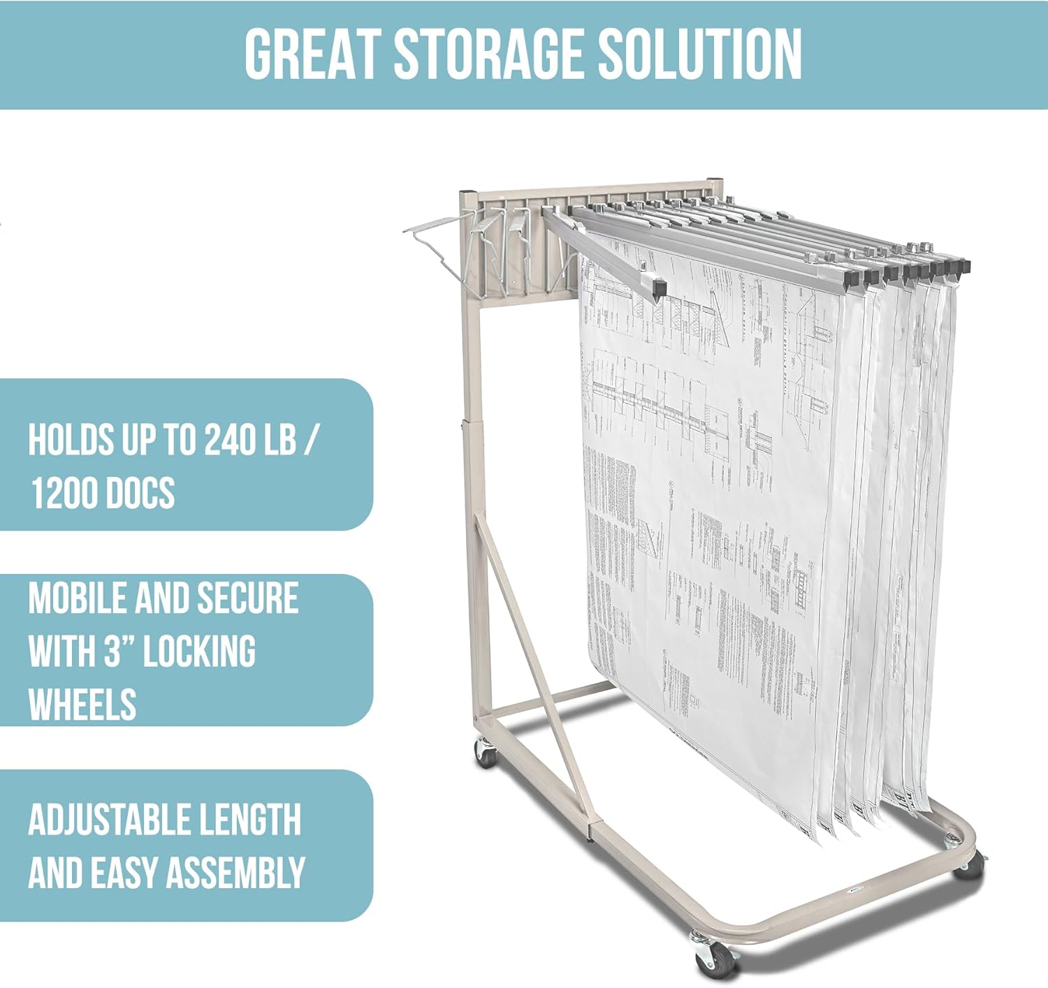 Gray Steel Vertical File Blueprint Rolling Stand with 30 inch Hanging Clamps