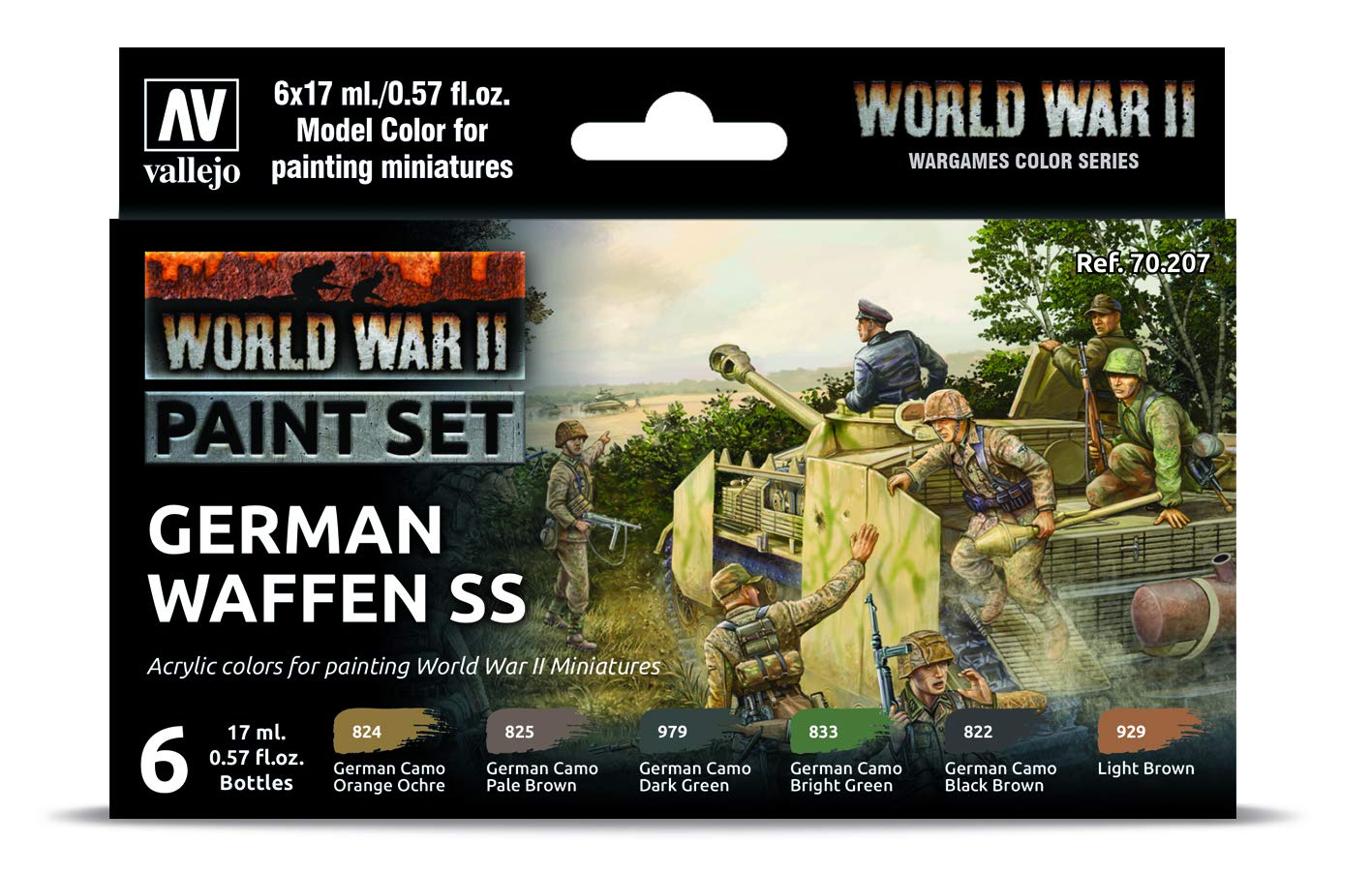 Vallejo - WWII German Waffen SS Model Color Paint Set | Historic Military Shades | Brush & Airbrush Compatible Acrylic Colors | Pro Modeler Collection | 6 bottles x 18 ml. (0.6 fl.oz)