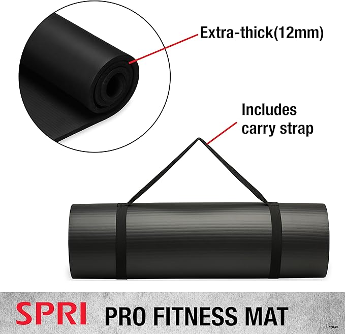 SPRI 12mm Pro Fitness Matt (Black)- Thick Exercise Mat for Floor Workouts, Sit-Ups, Push-Ups, Stretching, Toning, and General Fitness - Non-Slip Texture, Cushioned, Portable Rolling Mat with Carrying Strap