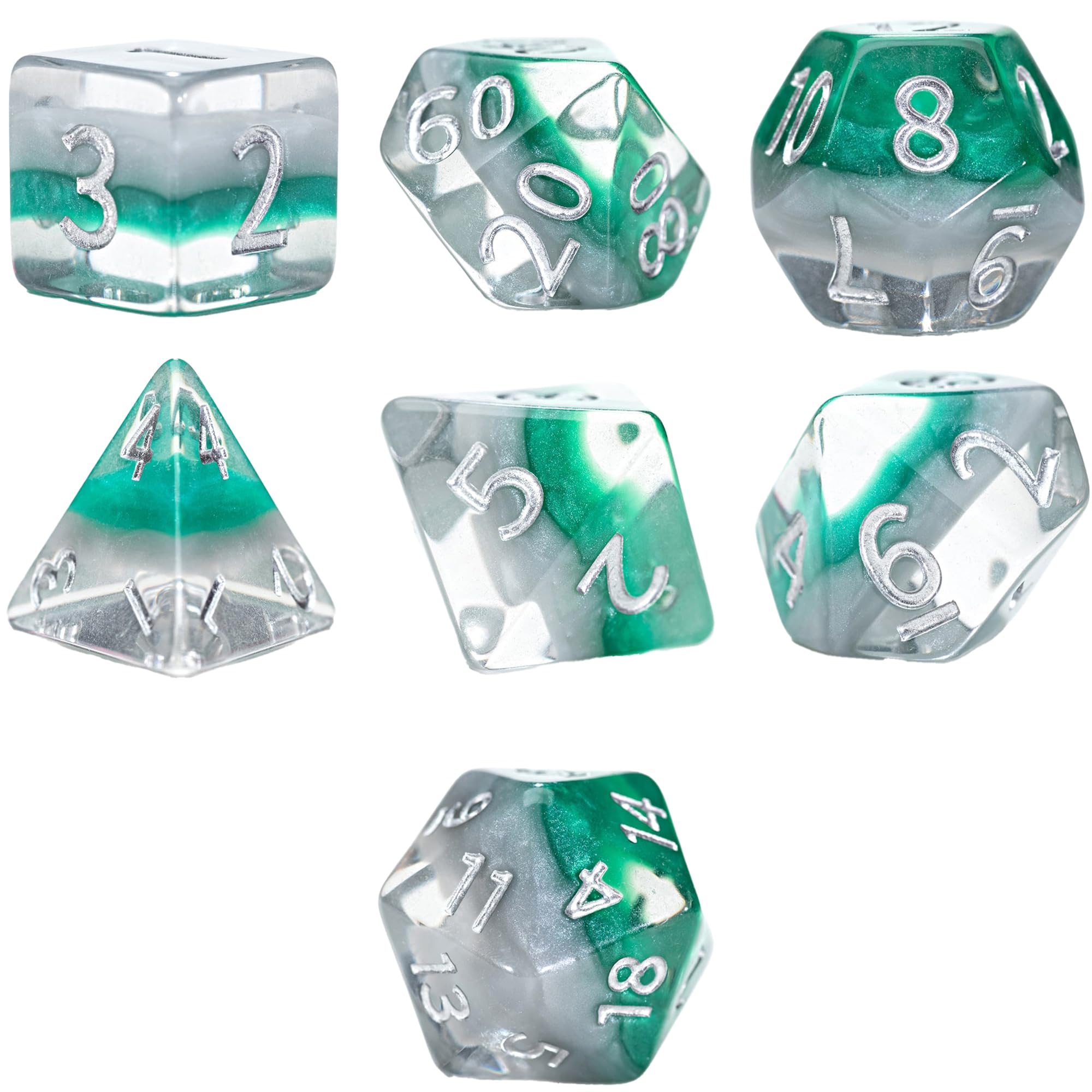 Gate Keeper Games & Dice: Eclipse Dice Elven - 7 Piece RPG Dice Set, Silver & Sylvan Green, 7 Resin Dice for Role Playing Games, 4-Layered Polyhedral
