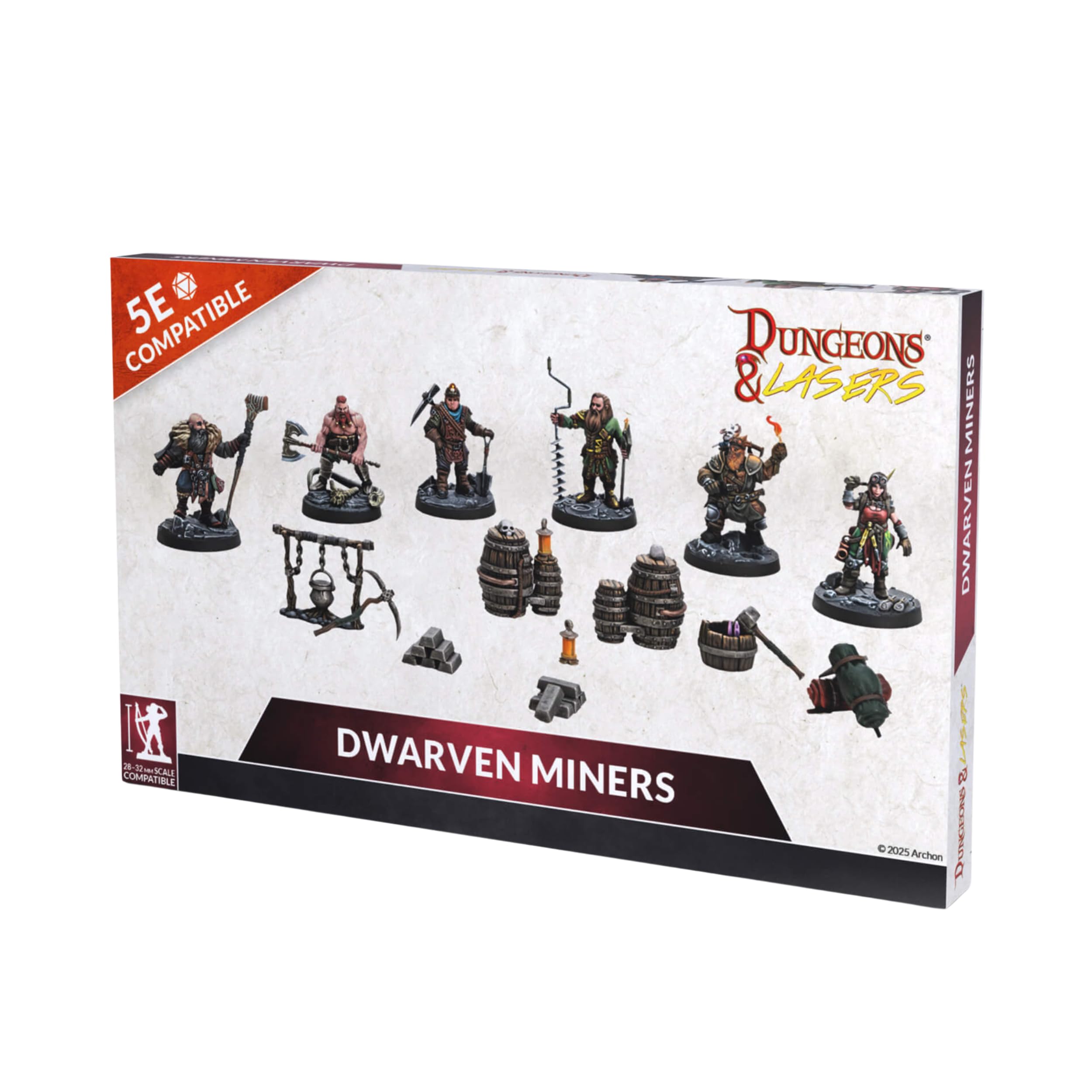 Dungeons & Lasers: Dwarven Miners DND Miniatures Set - 6 Model Set with Accessories - 5e Compatible 28-32mm Scale - Assembly and Painting Required - for 14 Years +