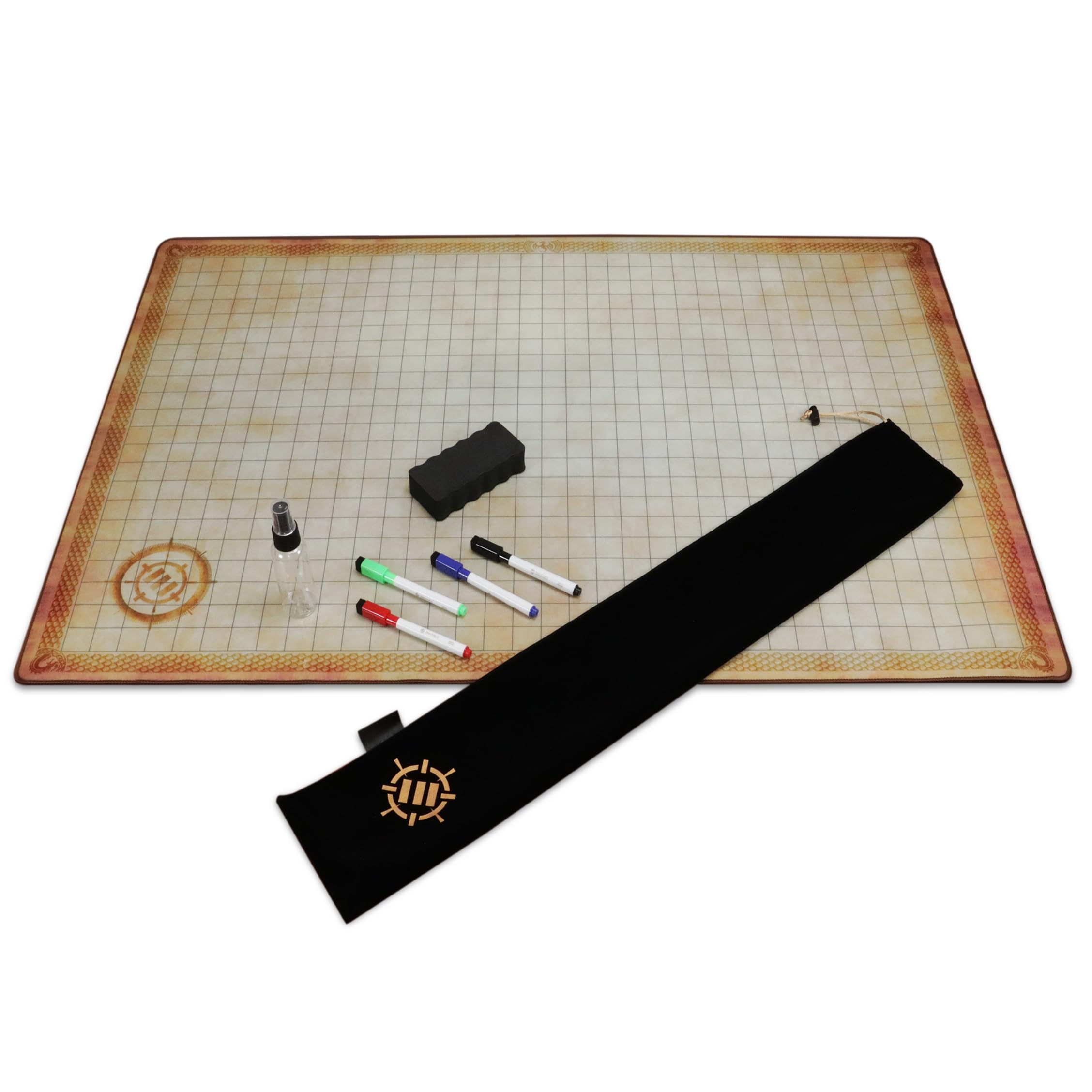 ENHANCE Deluxe RPG Grid Mat - DND Map (24x36in) with Premium Rubber, Non-Slip Grip, No Creasing - Dry Erase DND Mat Set for Masters and Starters, Erasable Parchment with Travel Pouch, Marker Set