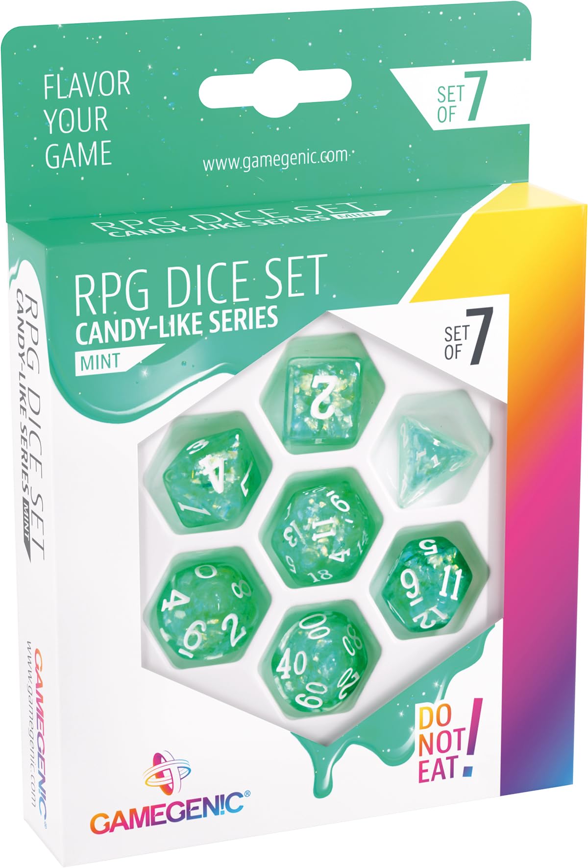 Candy-Like Series RPG Dice Set | Set of 7 Dice in a Variety of Sizes Designed for Roleplaying Games | Premium Quality Resin Dice with Beautiful Glitter Flakes | Mint Color | Made by Gamegenic