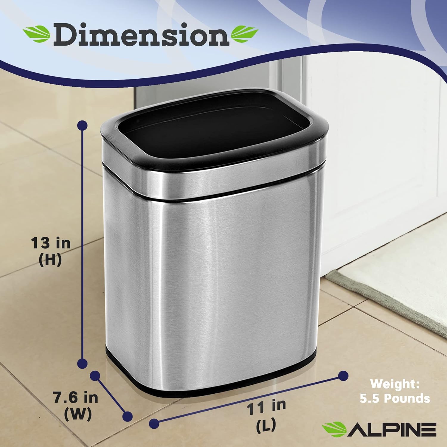 Alpine Industries 10 L / 2.6 Gal Stainless Steel Slim Open Trash Can, Brushed Stainless Steel